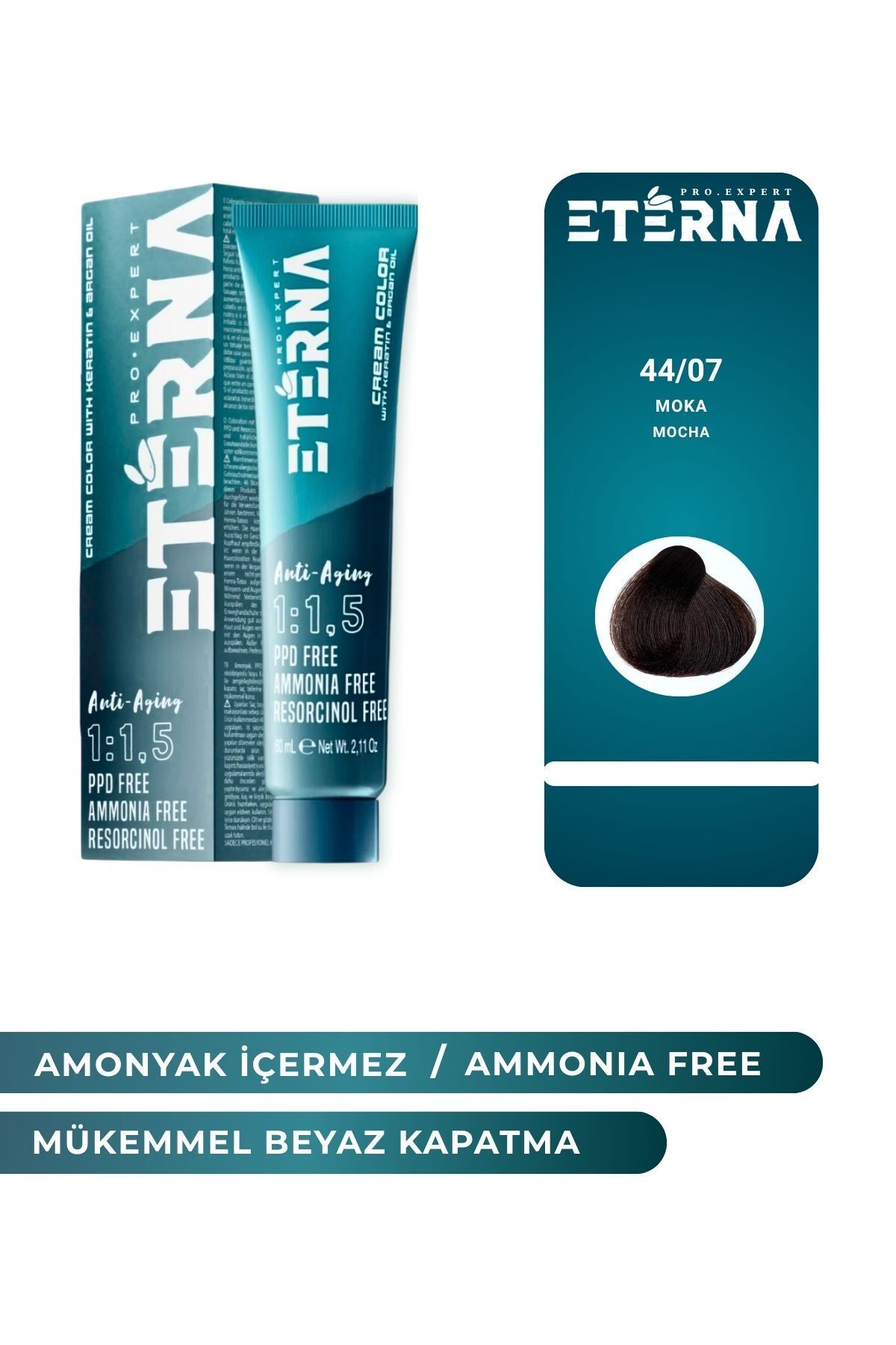 ETERNA Amonyaksız Organik İçerikli Saç Boyası 60 ml 44/07 Moka ve 90 ml Eterna Oksidan