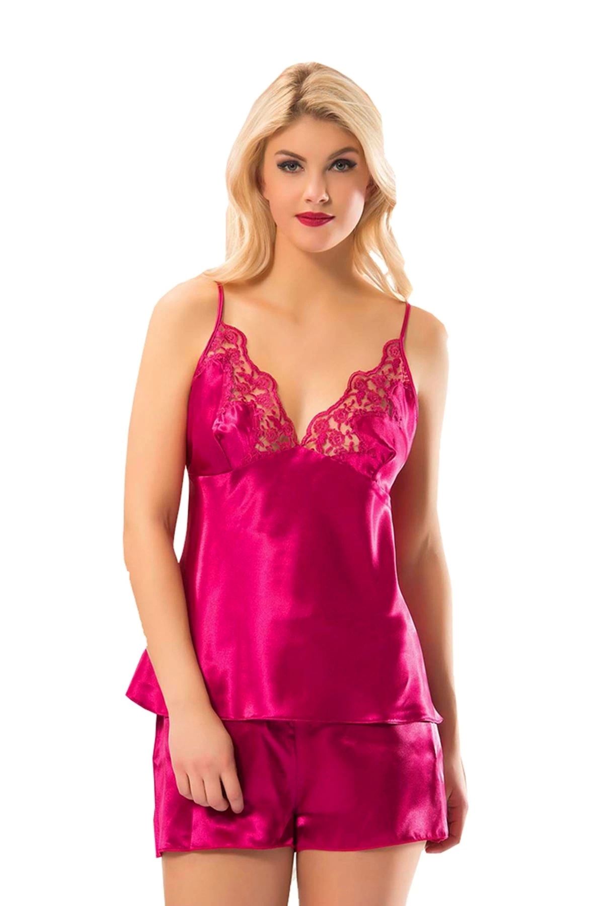 GiyimCity Fuşya Saten Babydoll Şortlu Takım -