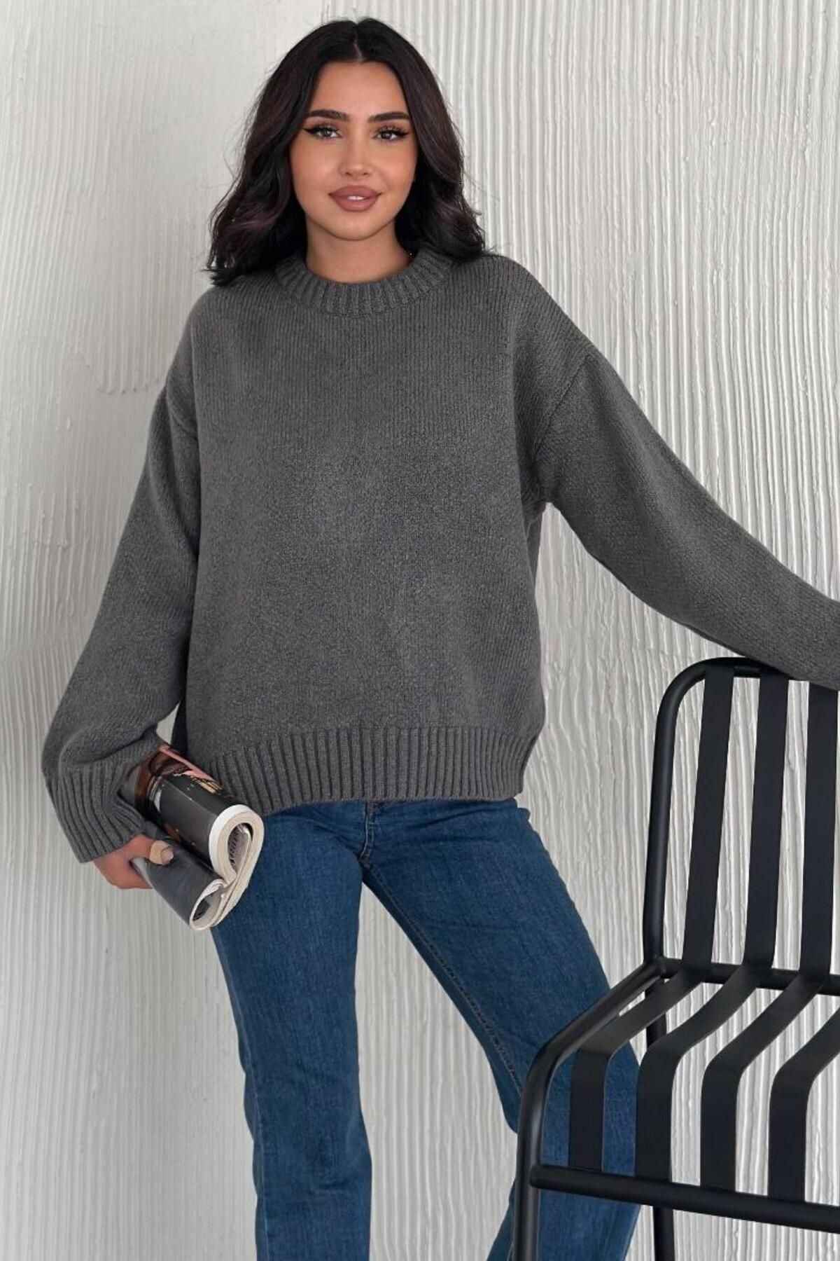 Moda Amore Kadın Triko Bisiklet Yaka Oversize Triko Kazak 110
