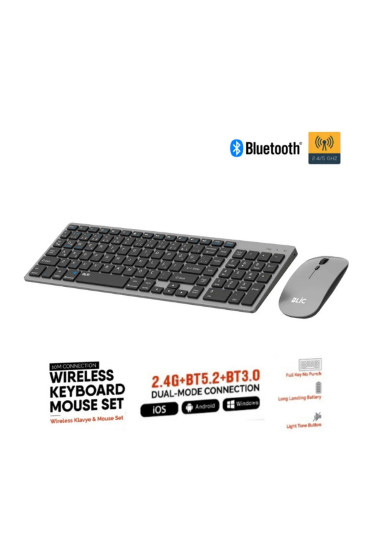 Hietech Kablosuz Zarif Sessiz Tasarım Klavye Mouse Set Gri İos Android Windows Uyumlu BKB12