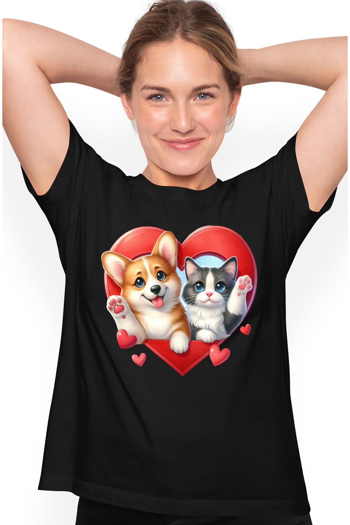StoryGift Romania Tricou Femei Cu O Pisicuta Si Un Catel, Ilustratie, Fac Cu Mana, Rama In Forma D Blk_l Femeie - M