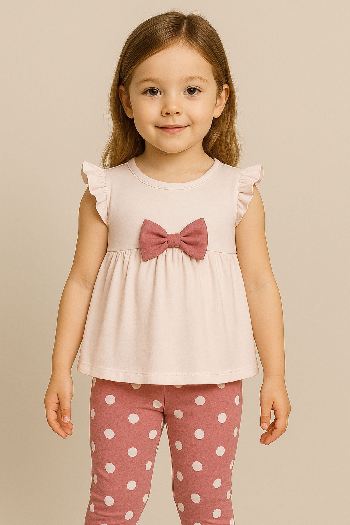 Nimini Kids Yazlık Fiyonk Ve Fırfır Detaylı Puantiyeli Kız Bebek T-Shirt Kapri TaytlıTakım (6-18 ay arası)