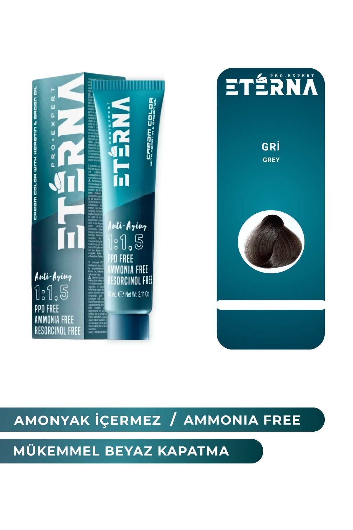 ETERNA Amonyaksız Organik İçerikli Saç Boyası 60 ml GREY/ GRİ ve 90 ml Eterna Oksidan