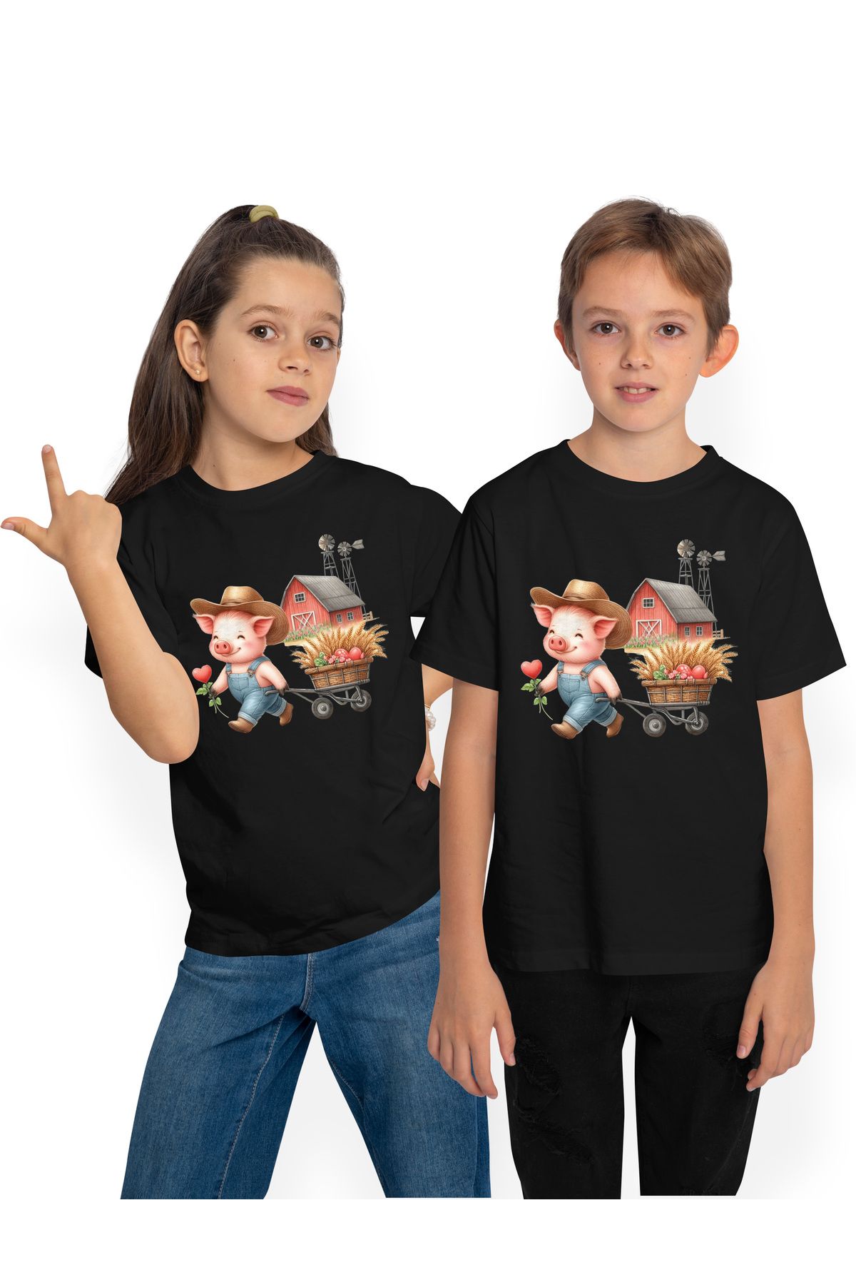 StoryGift Romania Tricou Copii Cu Un Porcusor Care Trage O Roaba Cu Grau, Ilustratie, Inimioare, Flori, Plan Unisex - 9–10 years