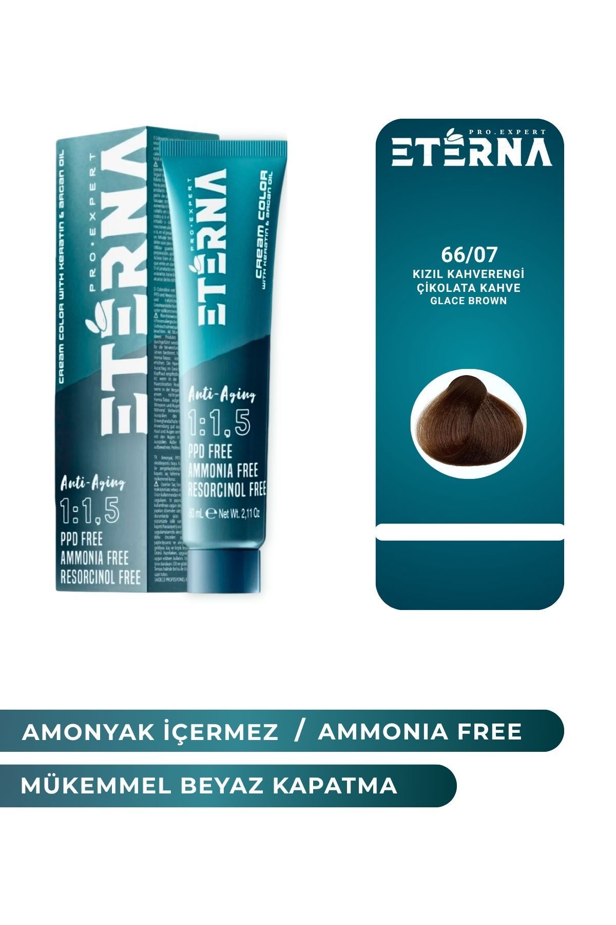ETERNA Amonyaksız Organik İçerikli Saç Boyası 60 ml 66/07 Kızıl Kahverengi ve 90 ml Eterna Oksidan