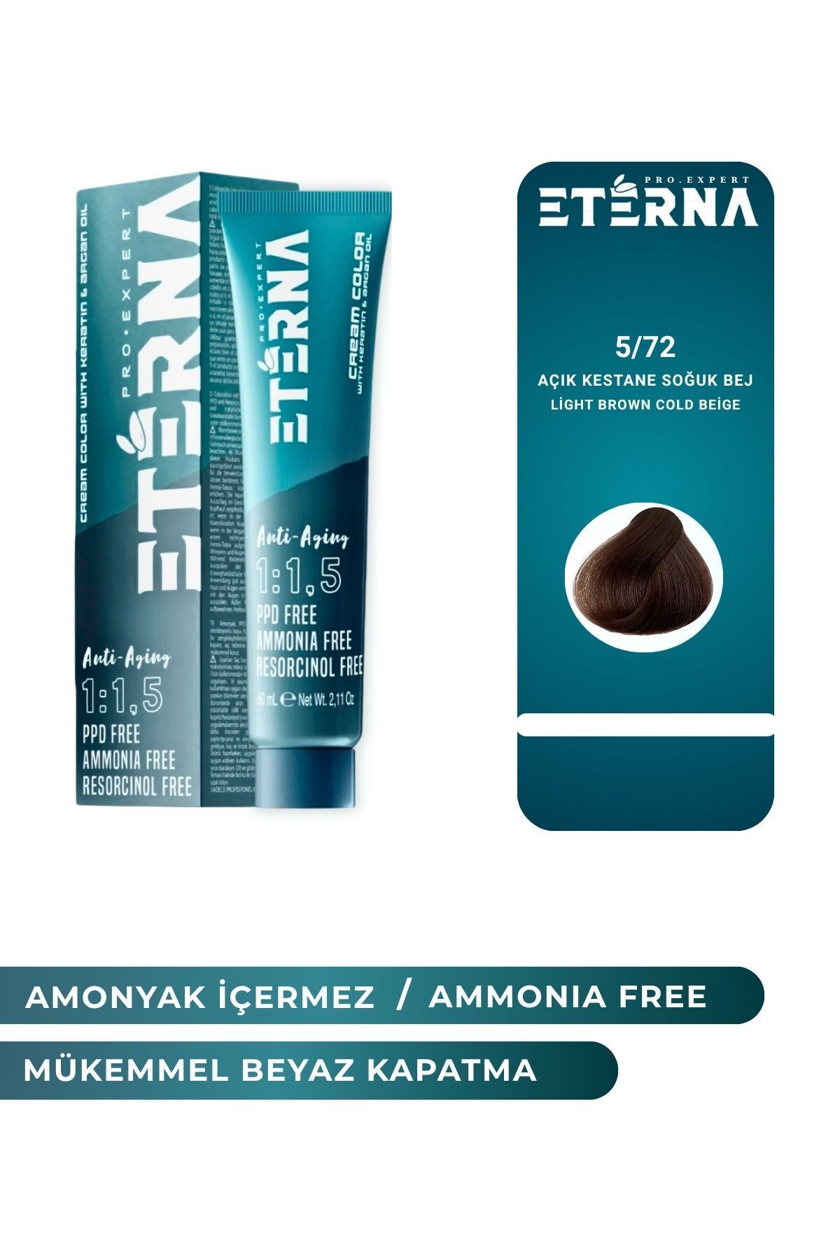 ETERNA Amonyaksız Organik İçerikli Saç Boyası 60ml 5/72 Açık Kestane Soğuk Bej ve90ml Eterna Oksidan