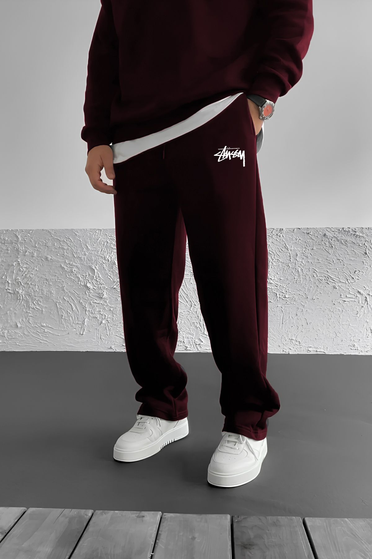 THE RULE Stüssy Baskılı Baggy Yazlık 3 İplik Bol Kesim Düz Paça Mevsimlik Bordo Eşofman Altı RF0510