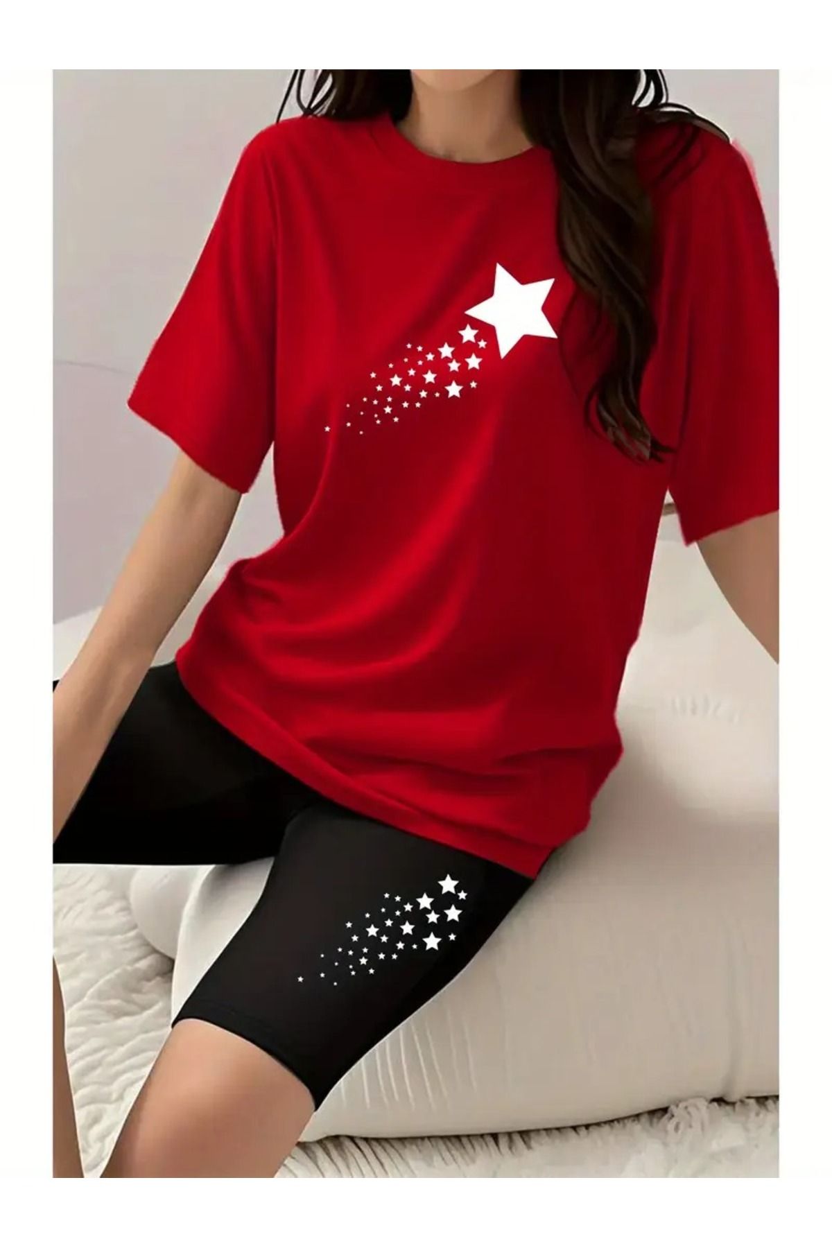 WOODROFFE Kadın Kayan Yıldız Baskılı Kısa Tayt T-shirt Takım Kombin Oversize Salaş Boyfriend