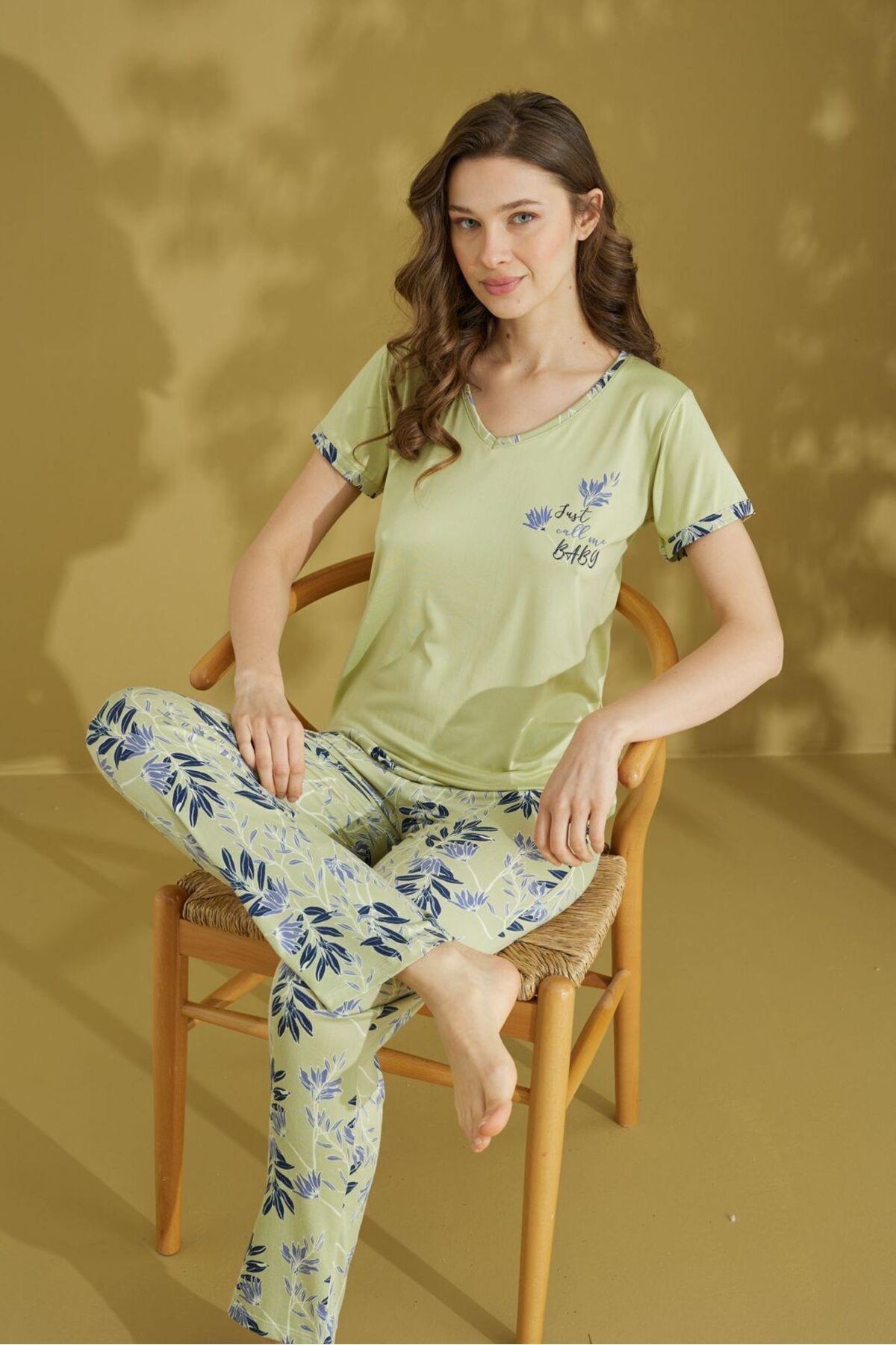 seamlife Kadın %100 Pamuklu Yeşil Yaprak Çiçek Desenli Kısa Kollu Altı Uzun Pijama Takımı