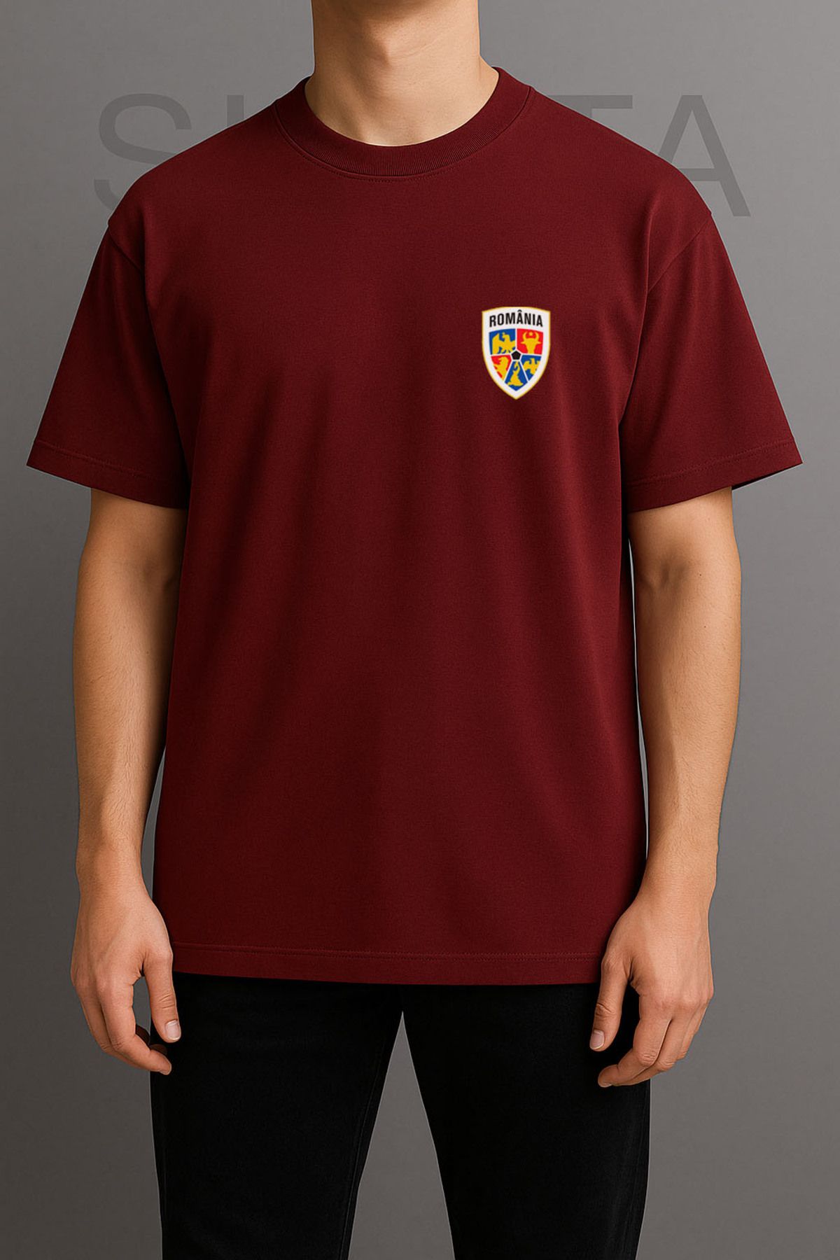 Darkia Romania Romanya Echipa De Fotbal Baskılı Bisiklet Yaka Oversize Bordo Tişört T-shirt