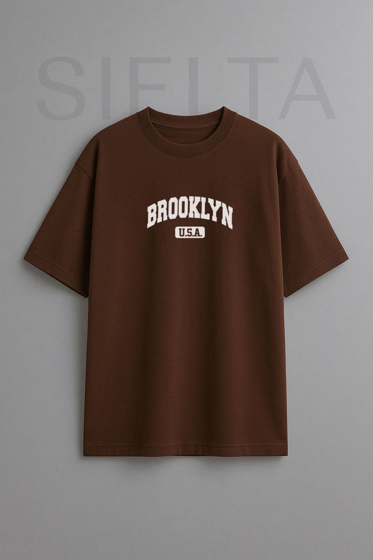 Darkia New Yrok Brooklyn Baskılı Bisiklet Yaka Oversize Kahverengi Tişört T-shirt
