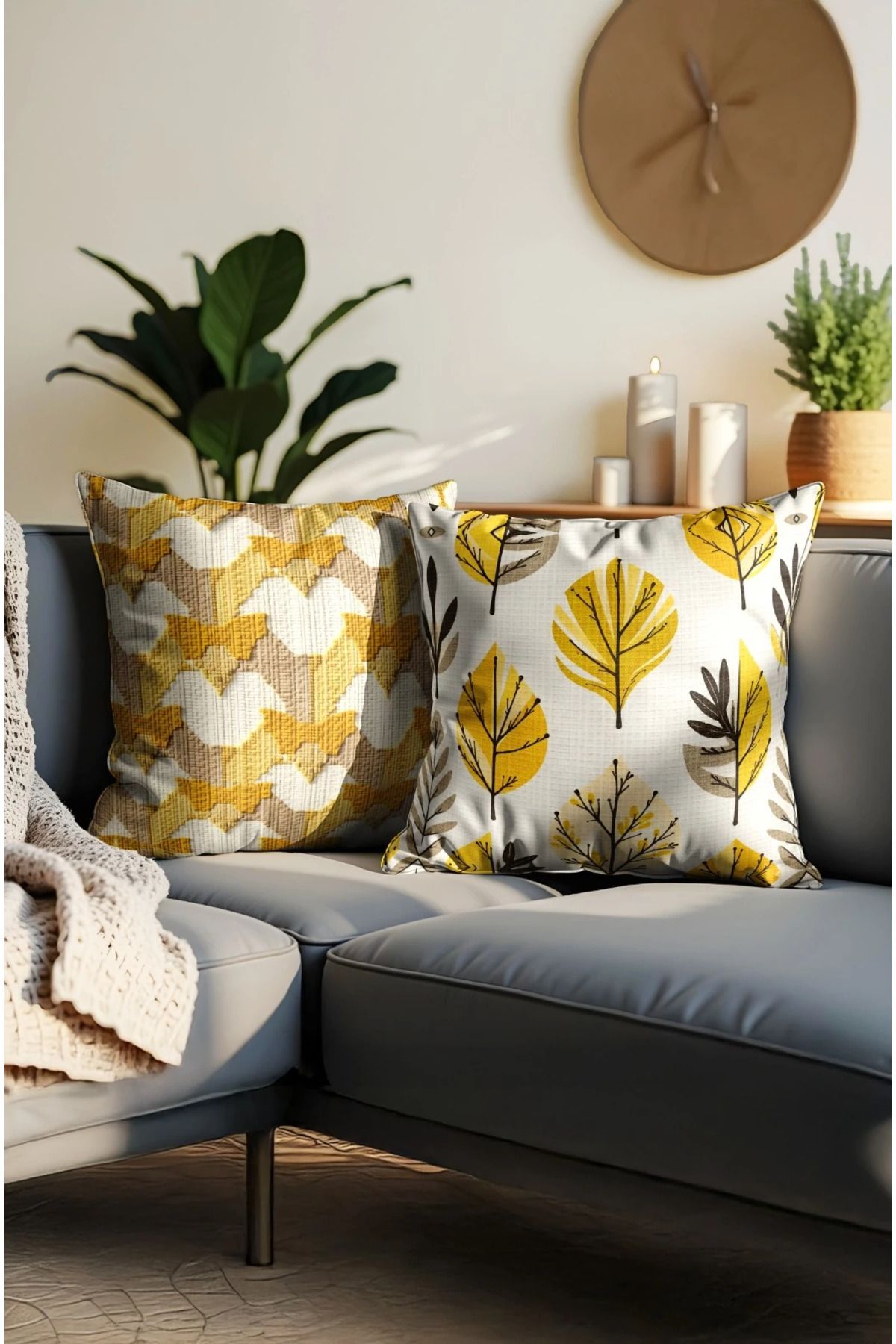 Home 2li Set Dijital Baskı Punch Kırlent Kılıfı 43x43cm - v34