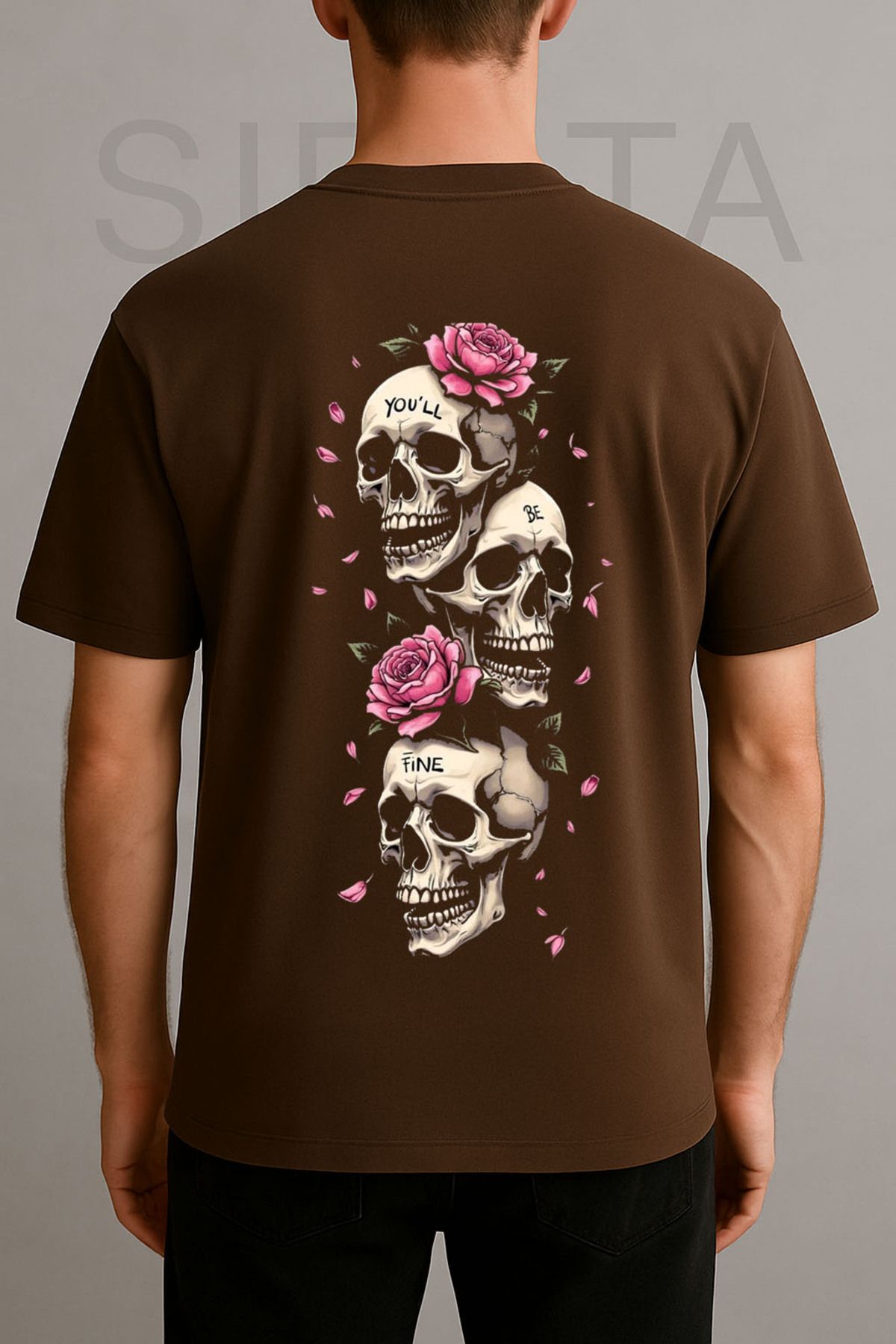 sielta Kuru Kafa Gül Baskılı Bisiklet Yaka Oversize Kahverengi Tişört T-shirt