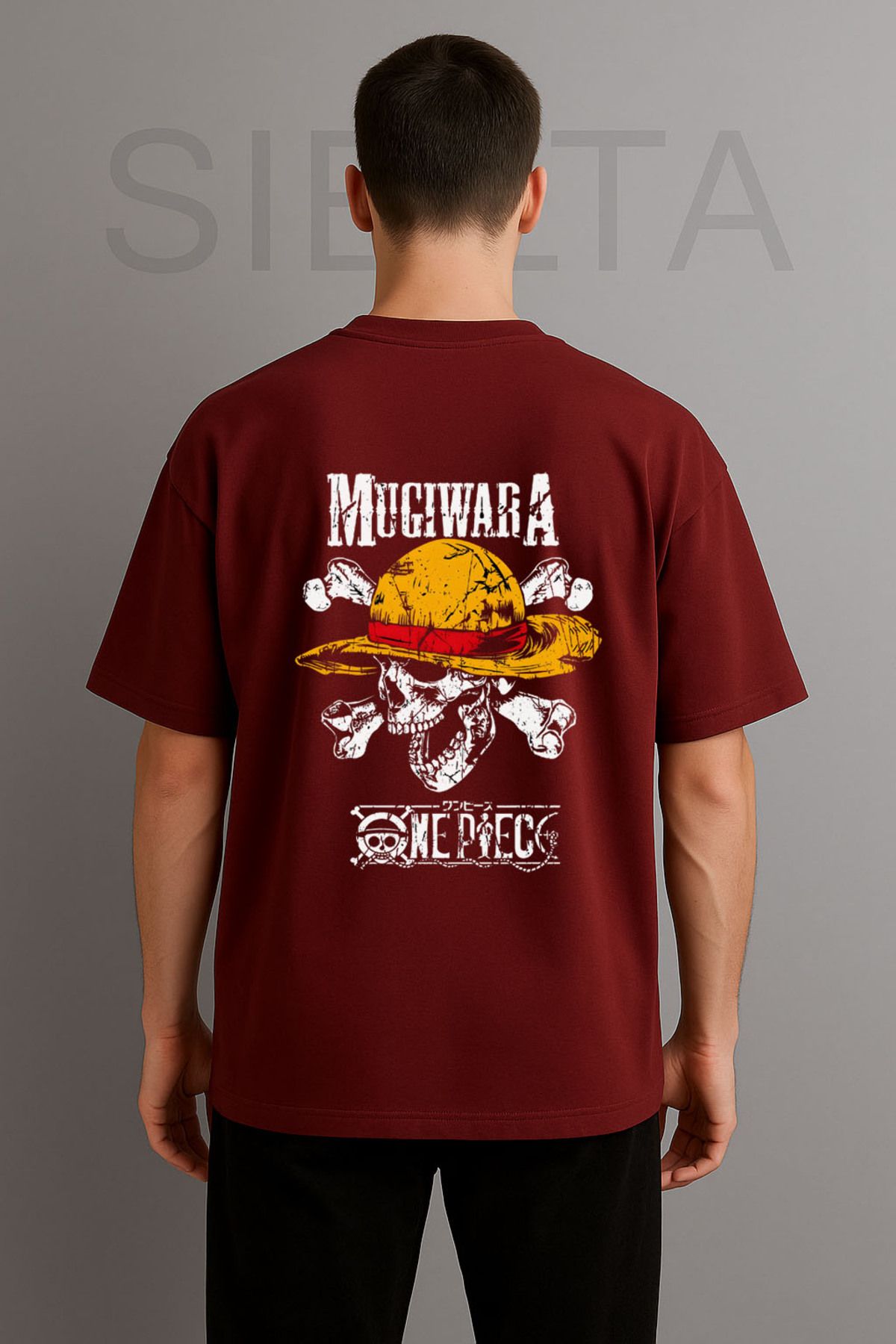 Darkia Anime One Piece Monkey D. Luffy Baskılı Bisiklet Yaka Oversize Bordo Tişört T-shirt
