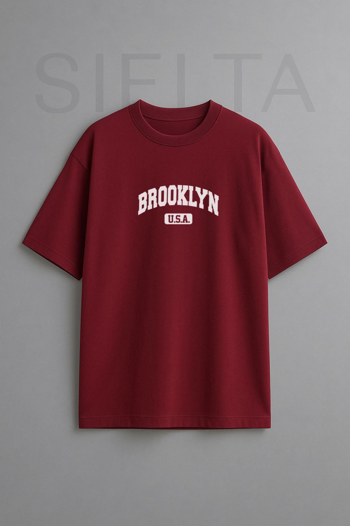 sielta New York Brooklyn Baskılı Bisiklet Yaka Oversize Bordo Tişört T-shirt