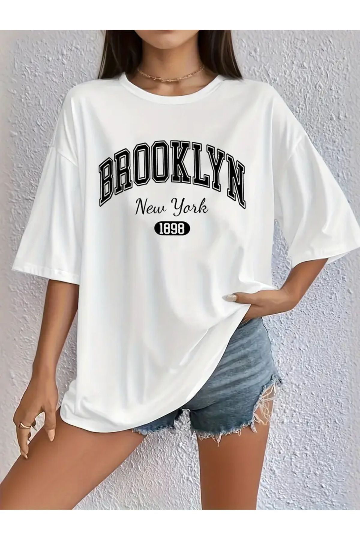 LAND MODA Plus Beden Kadın Brooklyn New York 1898 Grafik Tişört - Canlı Pembe Oversize Günlük