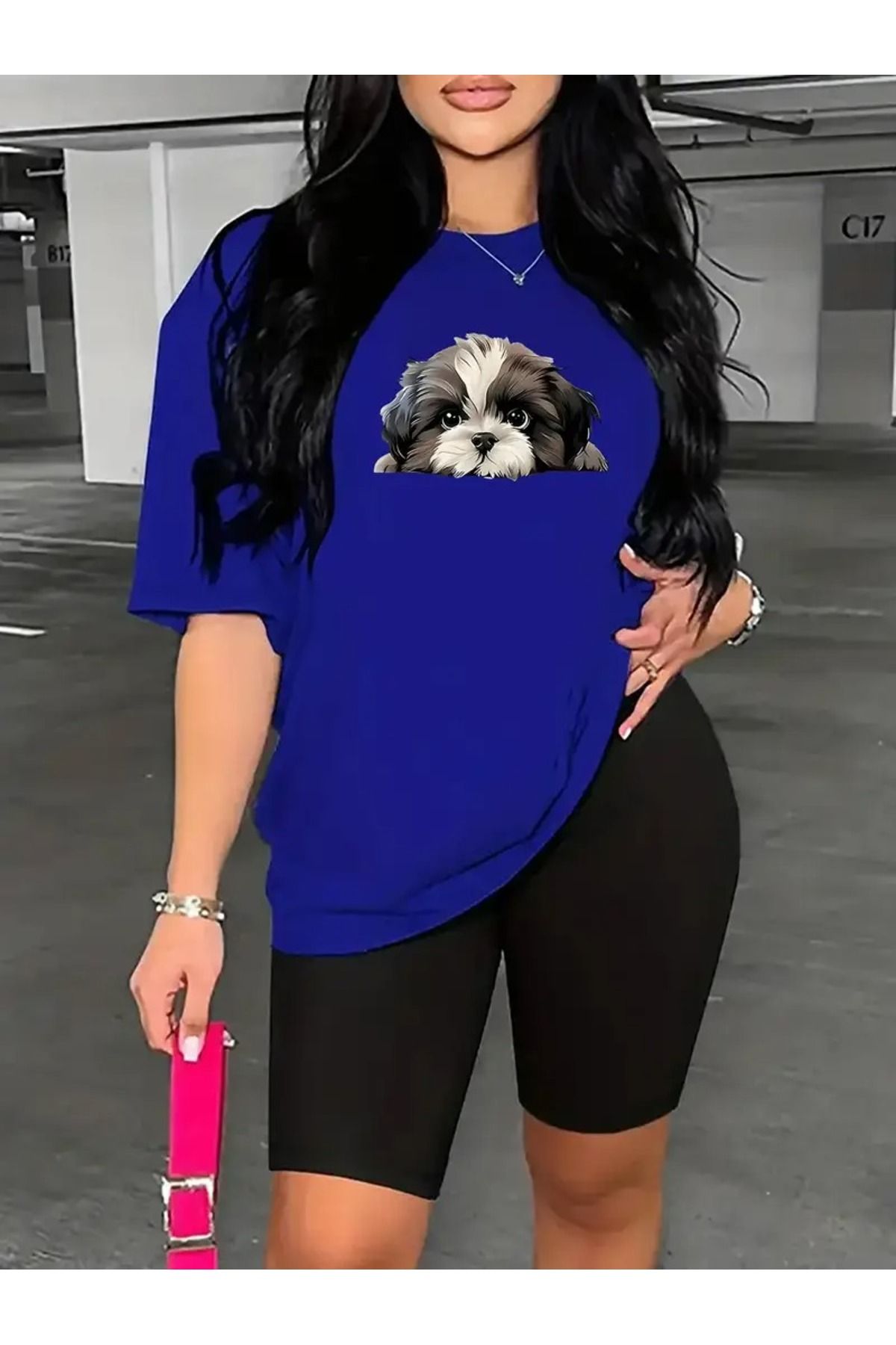 WOODROFFE Kadın Şık Köpek Baskılı Kısa Tayt T-shirt Takım Kombin Oversize Salaş Boyfriend