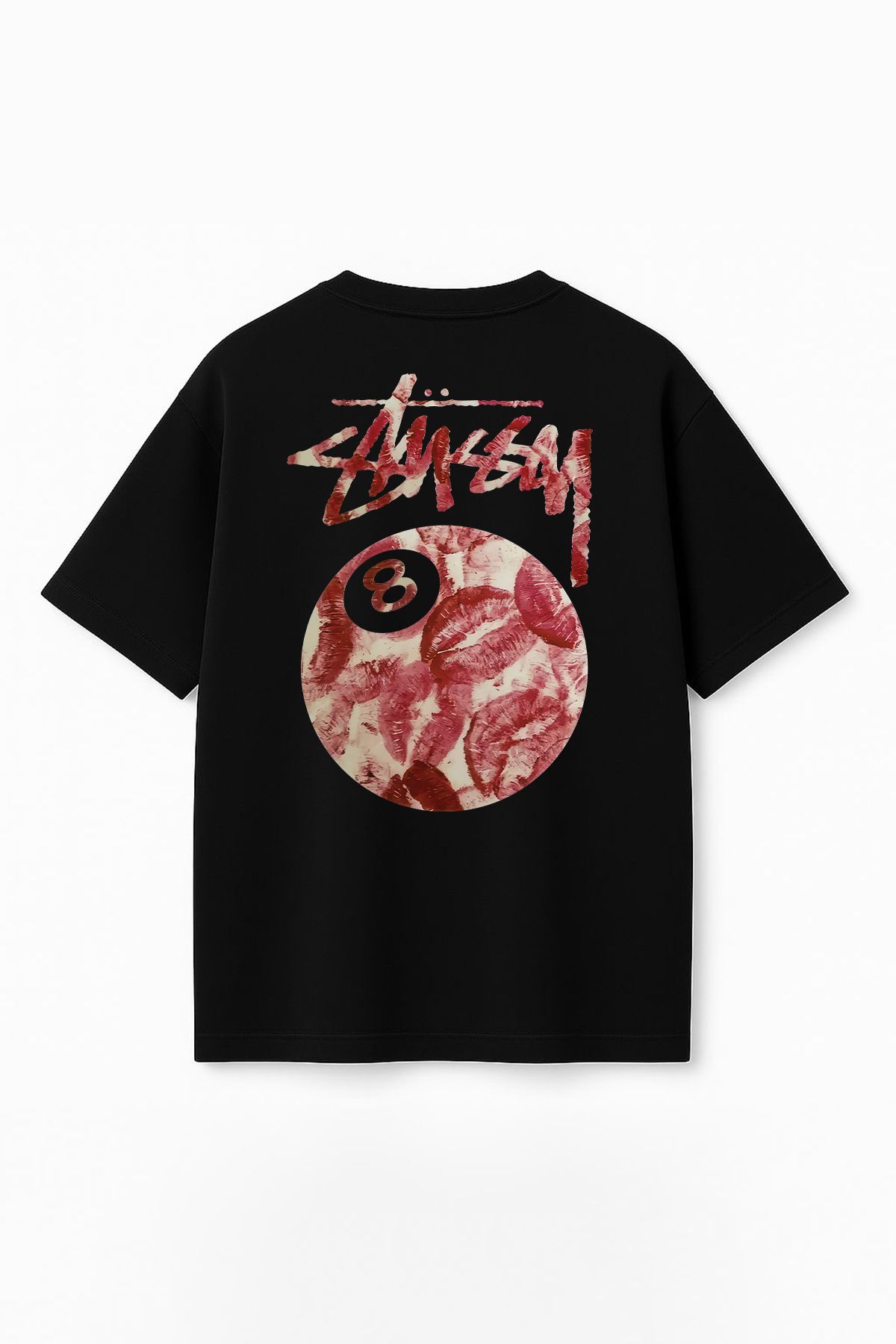THE RULE Unisex Stüssy Kiss Baskılı Oversize %100 Pamuk Geniş Kesim Dokulu Siyah Bisiklet Yaka T-Shirt RF0512