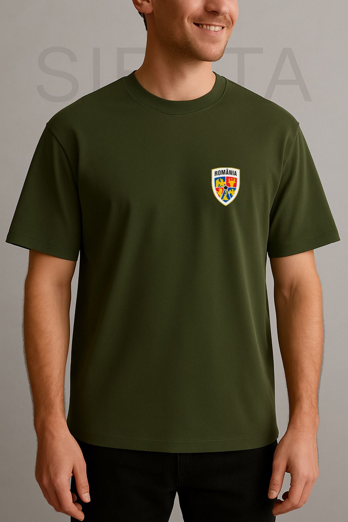 sielta Romania Romanya Echipa De Fotbal Baskılı Bisiklet Yaka Oversize Yeşil Tişört T-shirt