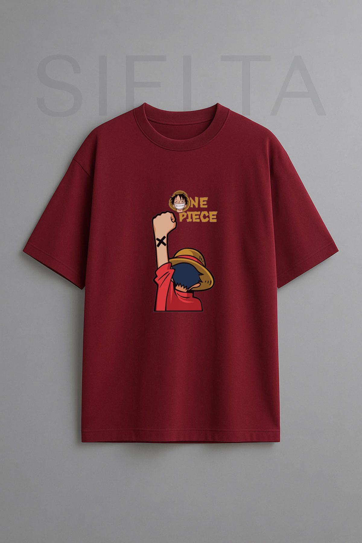 sielta Anime One Piece Monkey D. Luffy Baskılı Bisiklet Yaka Oversize Bordo Tişört T-shirt