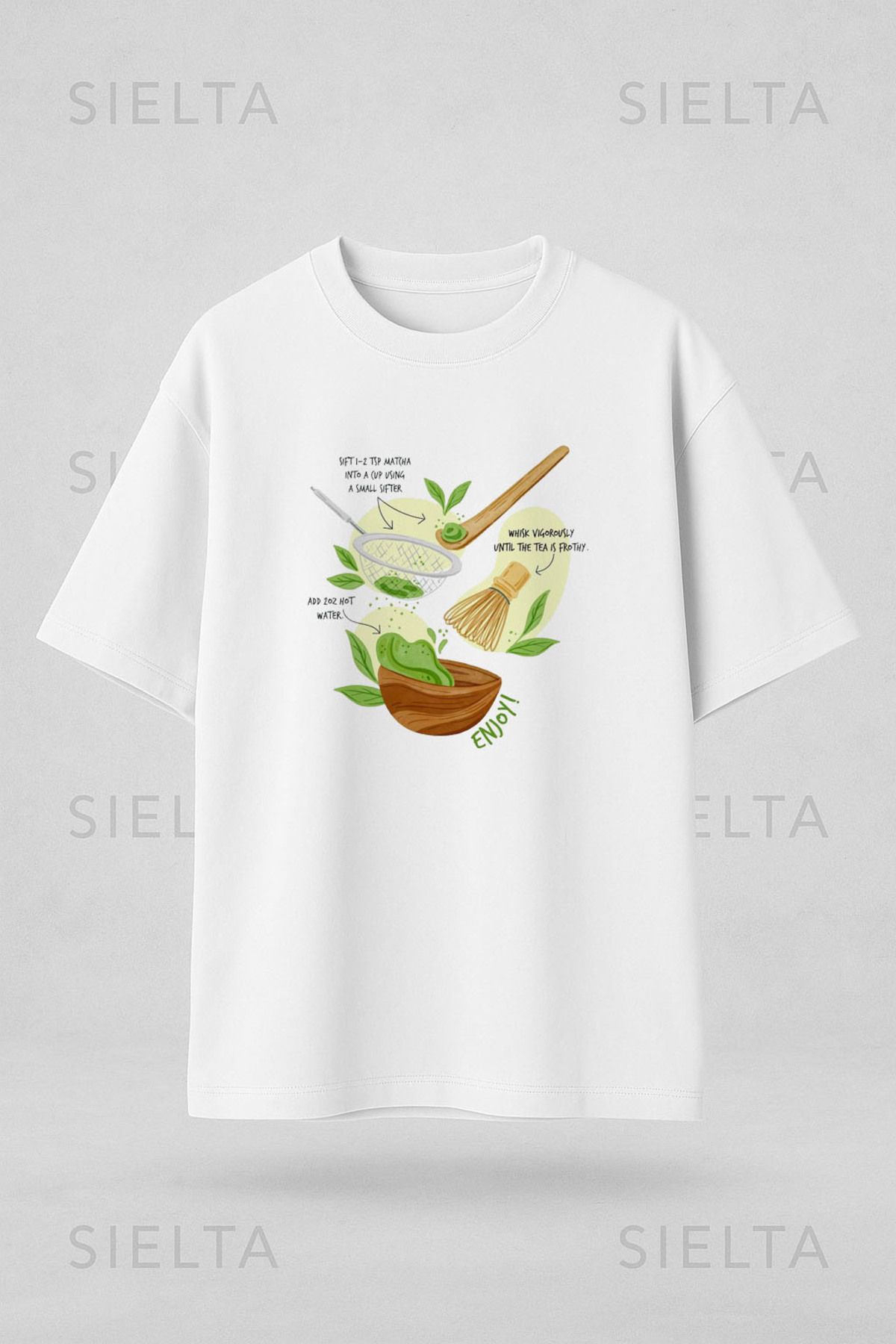 sielta Maça Matcha Çayı Baskılı Bisiklet Yaka Oversize Beyaz Tişört T-shirt