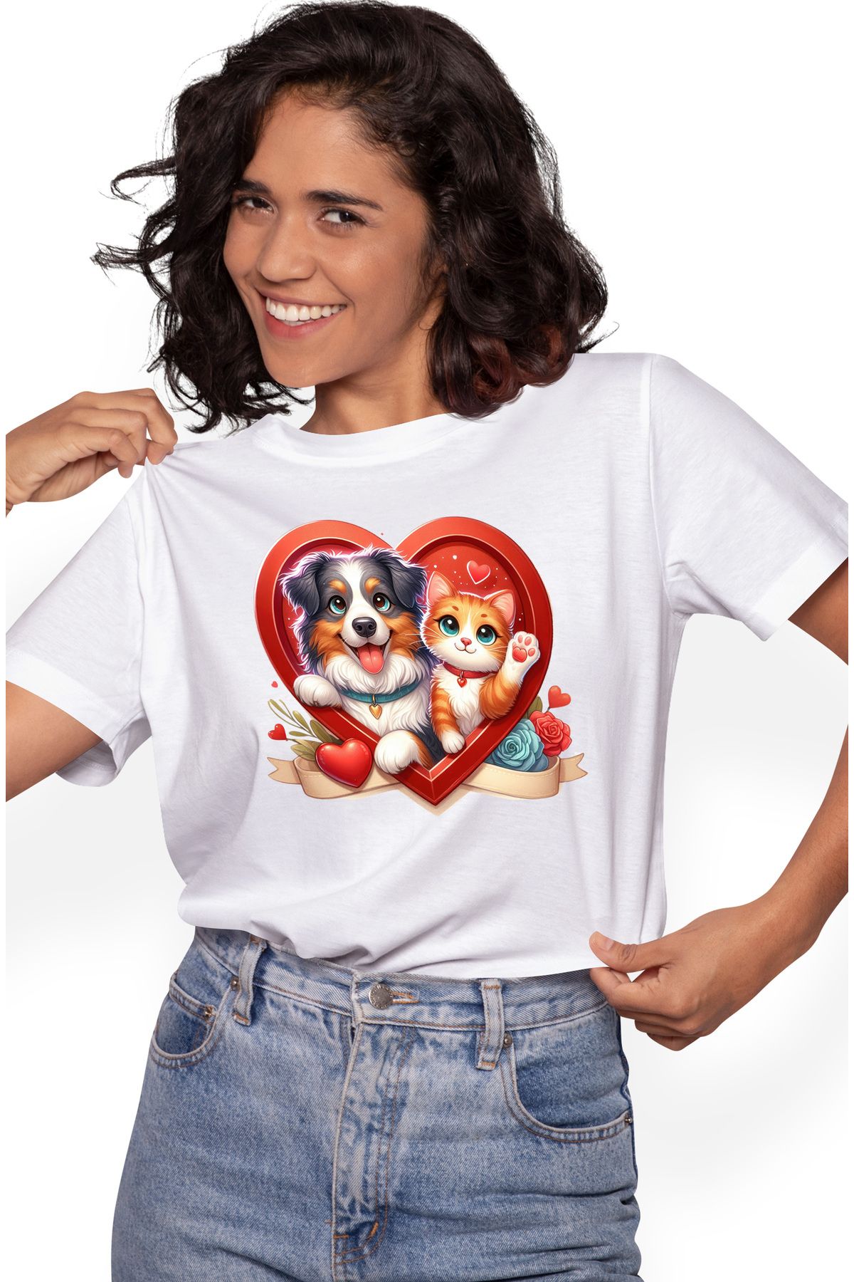 StoryGift Romania Tricou Femei O Pisicuta Si Un Catel, Veselie, Rama In Forma De Inima, Flori, Int Wht_l Femeie - XS