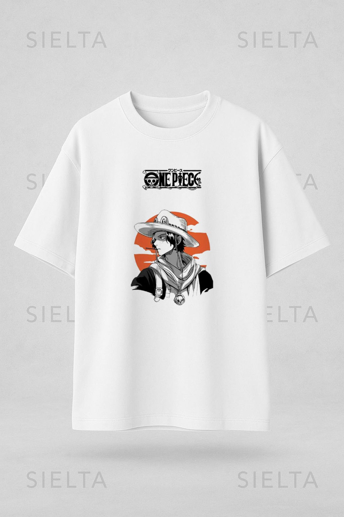 sielta Anime One Piece Monkey D. Luffy Baskılı Bisiklet Yaka Oversize Beyaz Tişört T-shirt