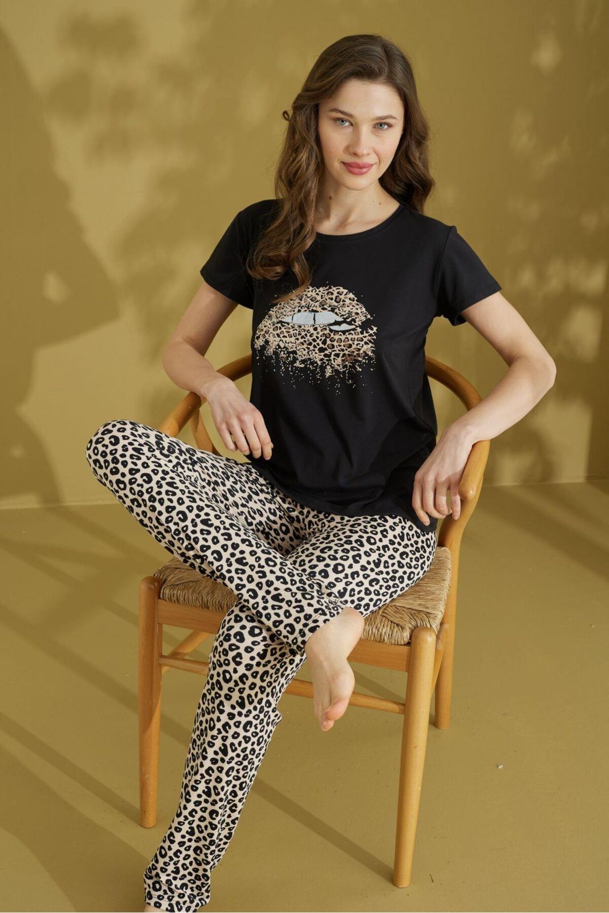 seamlife Kadın %100 Pamuklu Siyah Leopar Desenli Kısa Kollu Altı Uzun Pijama Takımı