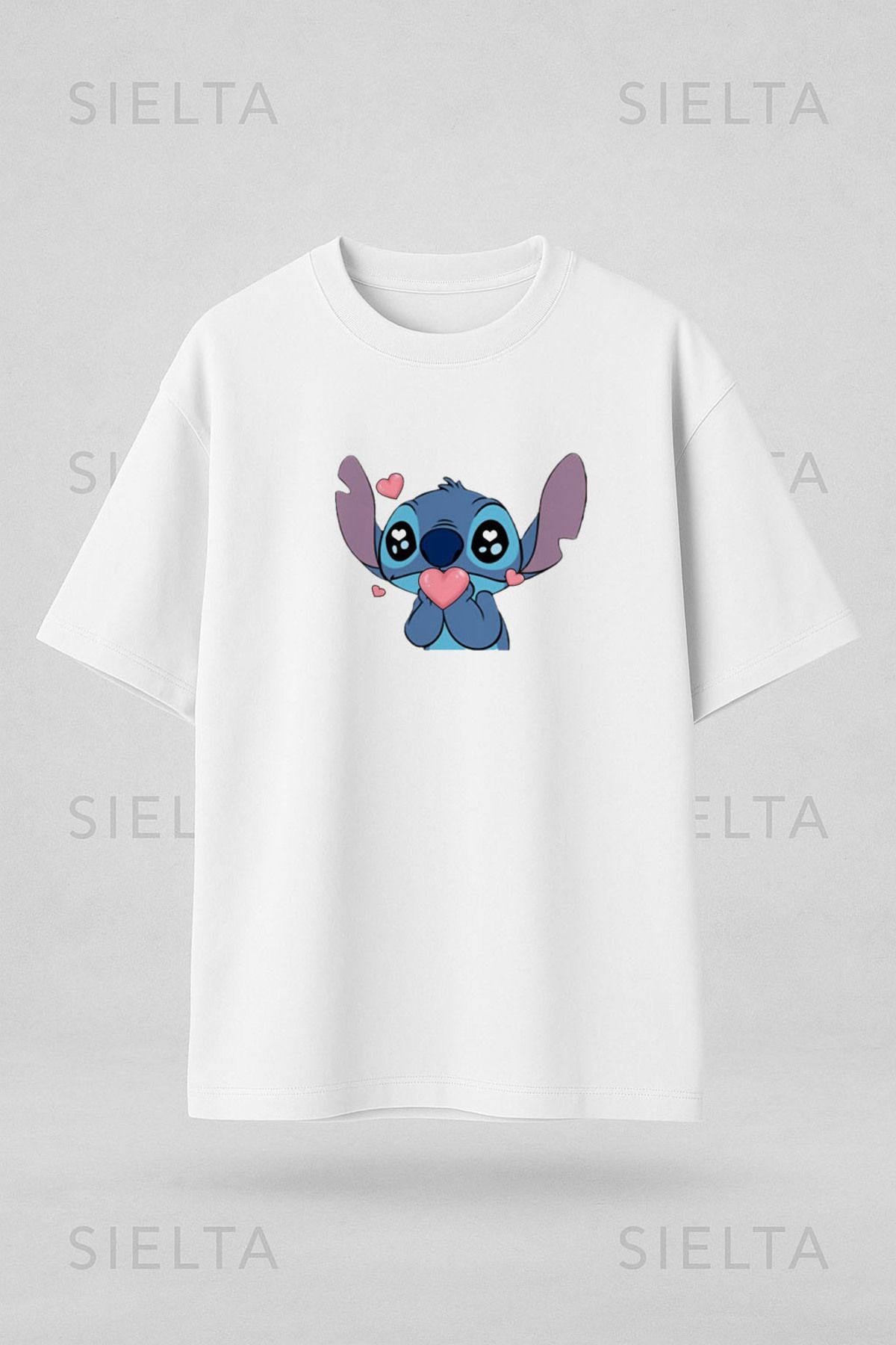 sielta Stitch Stiç Baskılı Bisiklet Yaka Oversize Beyaz Tişört T-shirt
