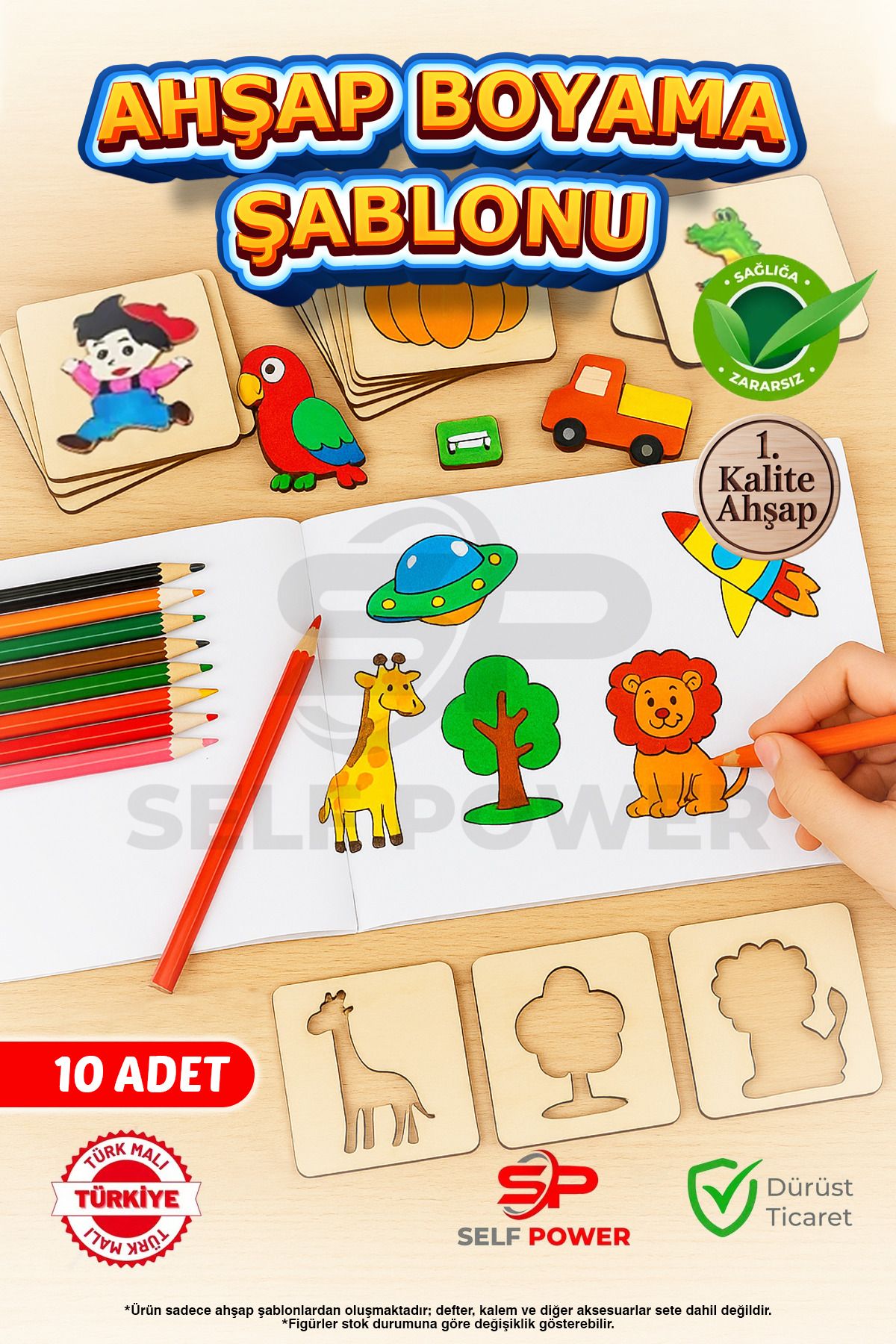 Self Power 10 Parça Ahşap Oyma& Boyama Şablonu Hayvan Ve Meyve Desenli Ahşap Boyama Desen Şablonu