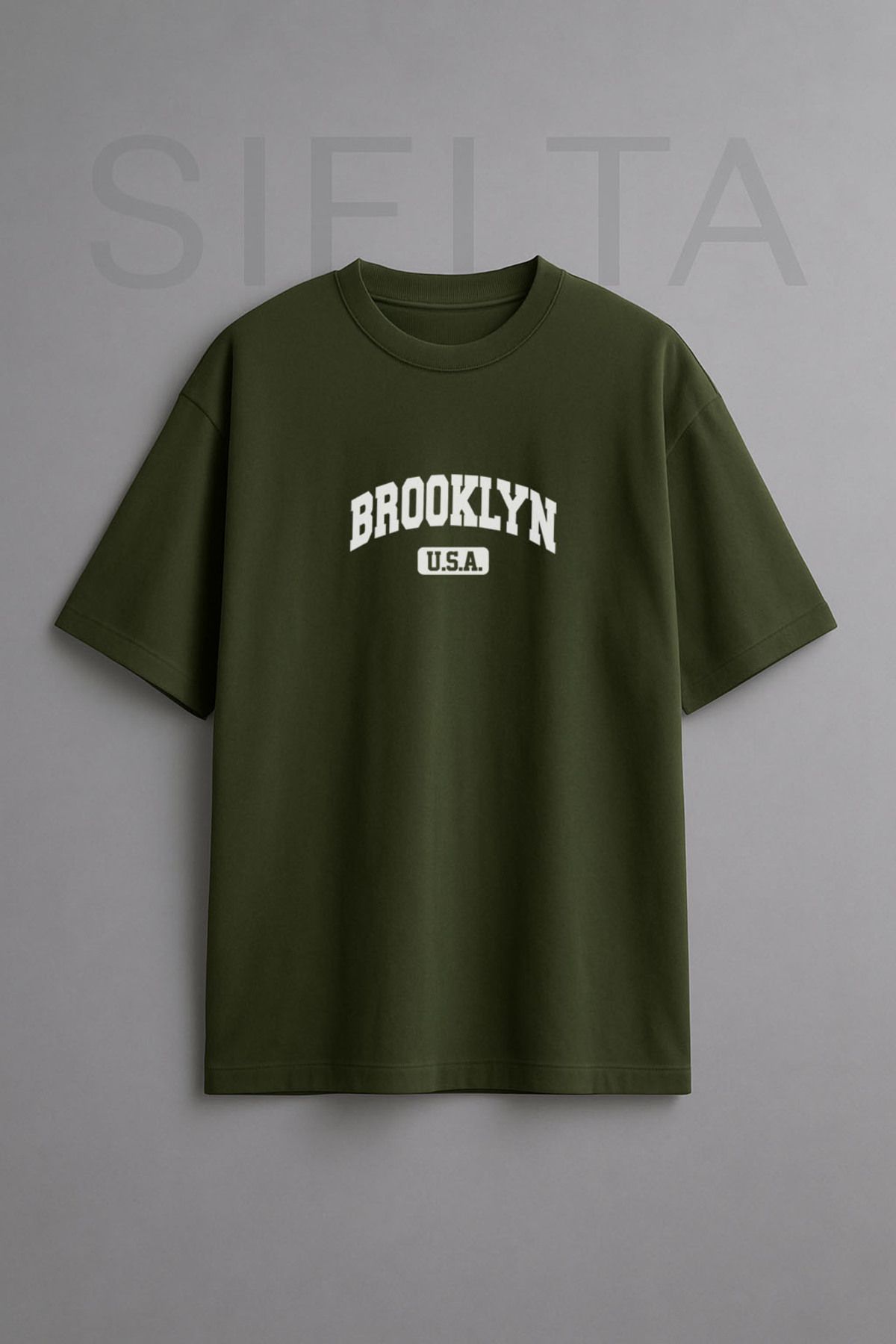 sielta New York Brooklyn Baskılı Bisiklet Yaka Oversize Yeşil Tişört T-shirt