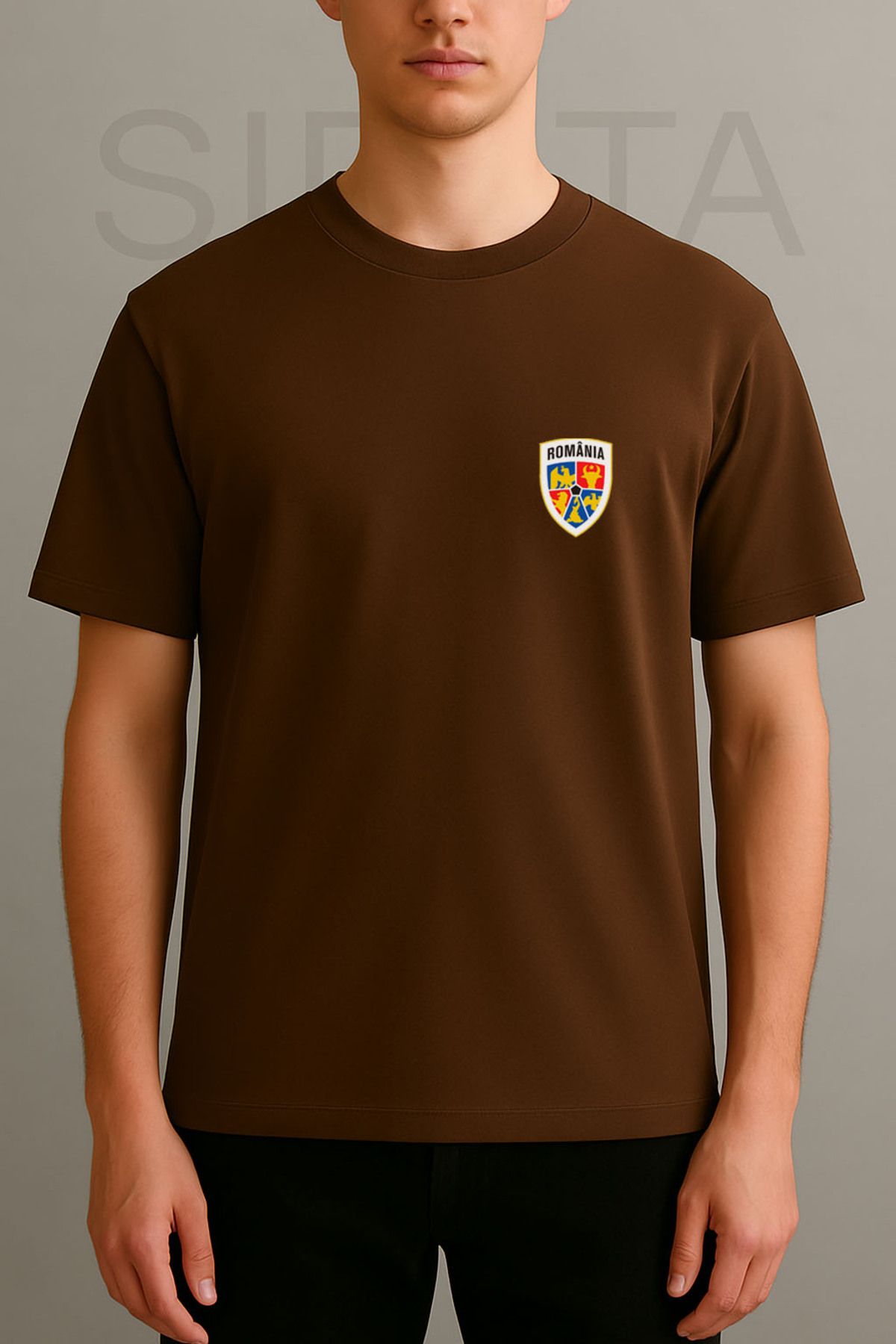 Darkia Romania Romanya Echipa De FotbalBaskılı Bisiklet Yaka Oversize Kahverengi Tişört T-shirt