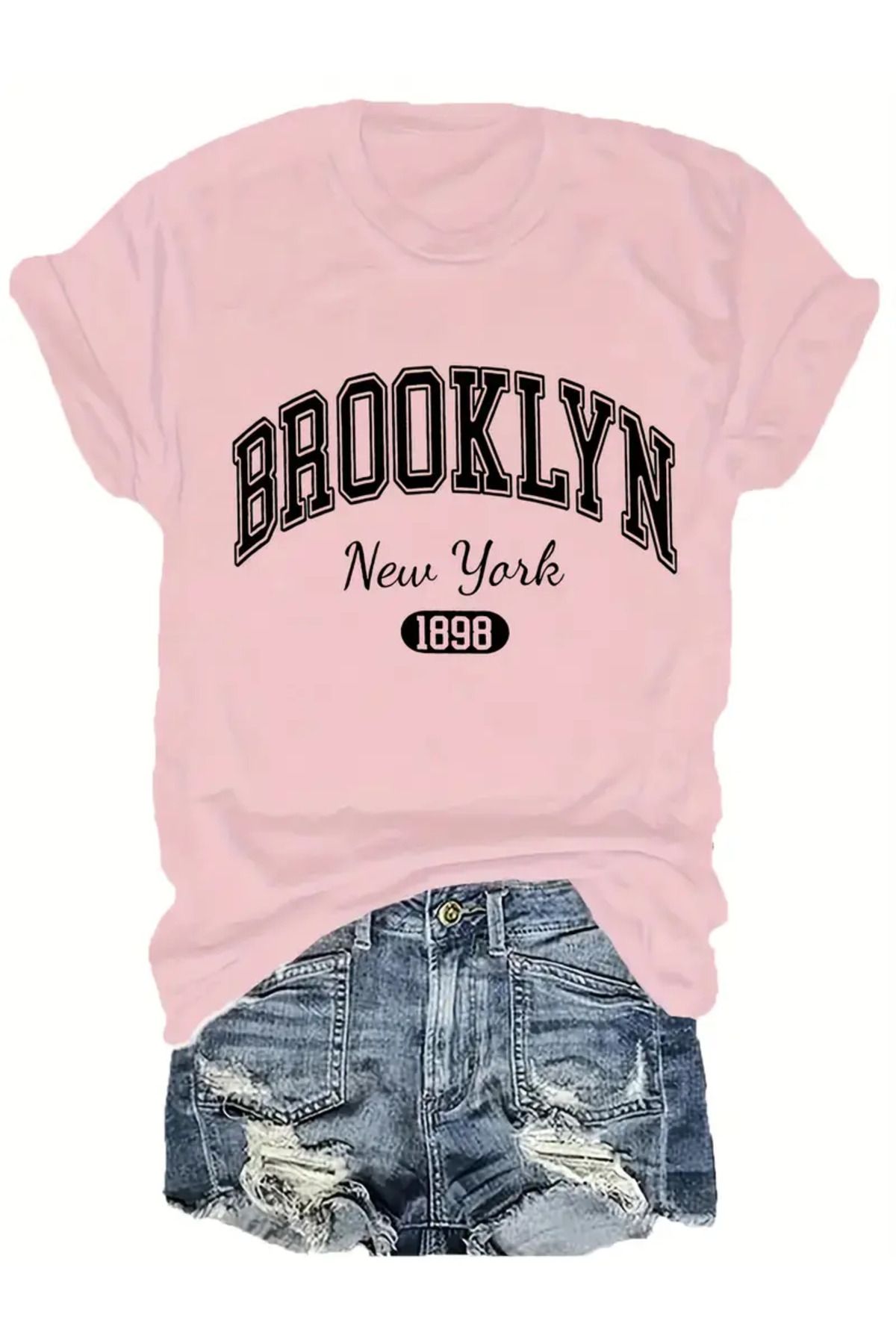 LAND MODA Plus Beden Kadın Brooklyn New York 1898 Grafik Tişört - Canlı Pembe Oversize Günlük