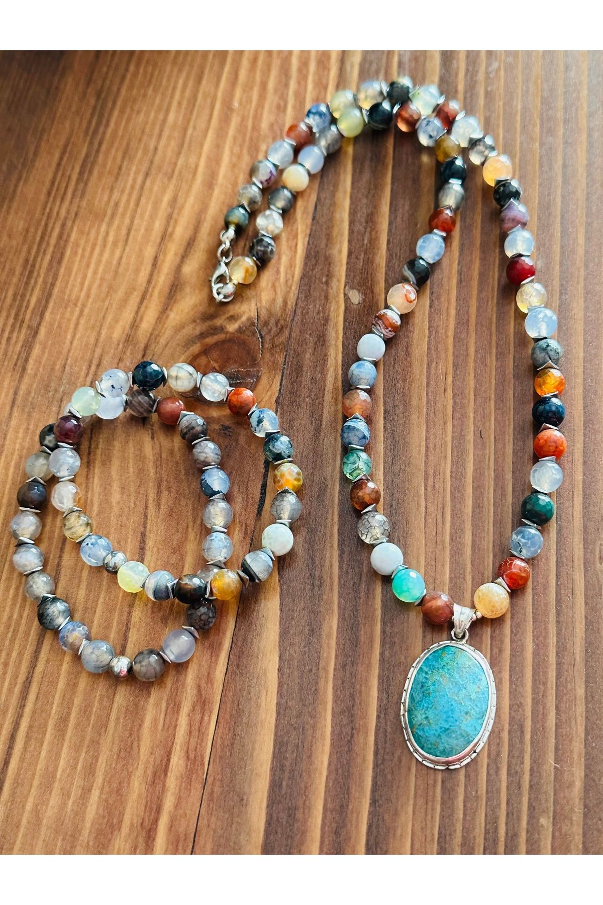 Peri Takı Tasarım 925 ayar gümüş Apatit doğal taşlı Akik kolye ve bileklik set