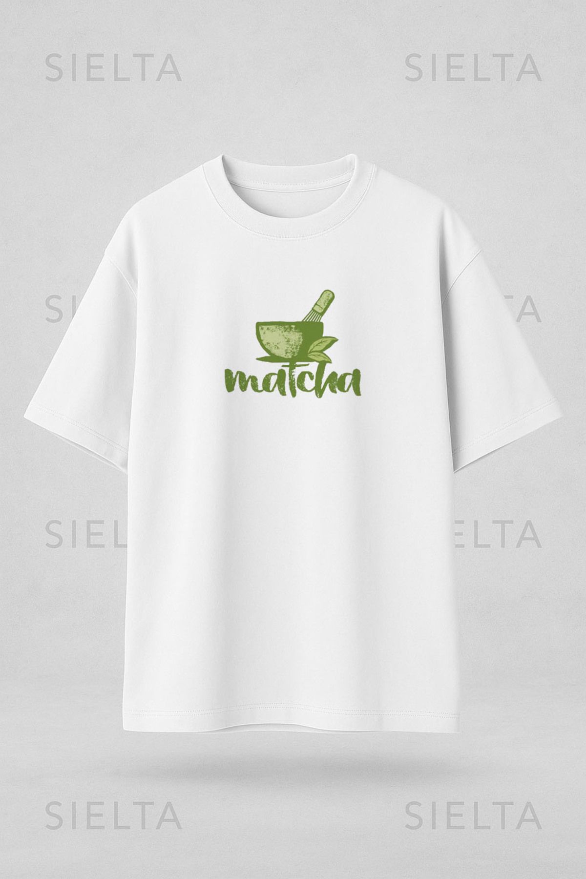 Darkia Maça Matcha Çayı Baskılı Bisiklet Yaka Oversize Beyaz Tişört T-shirt