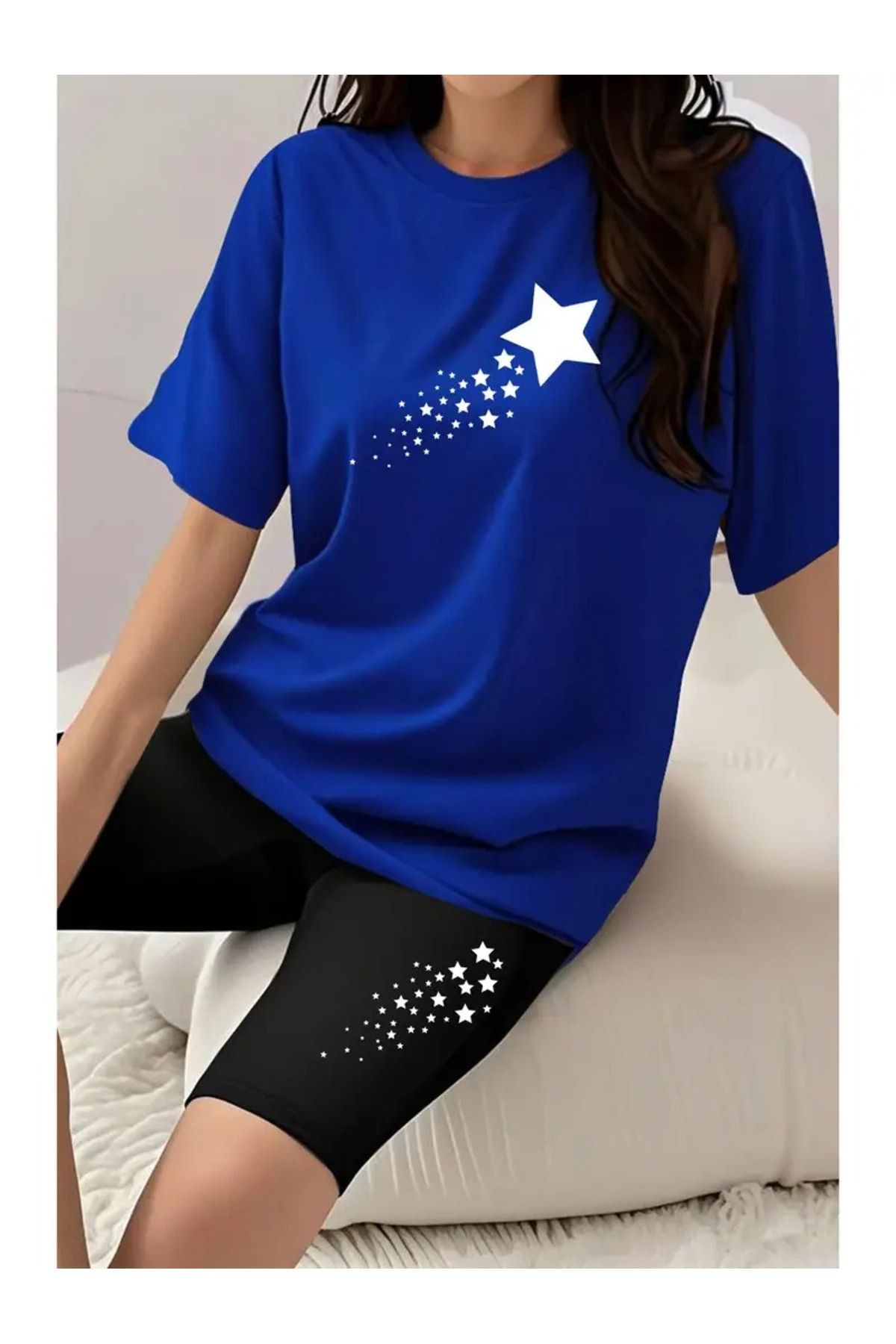 WOODROFFE Kadın Kayan Yıldız Baskılı Kısa Tayt T-shirt Takım Kombin Oversize Salaş Boyfriend