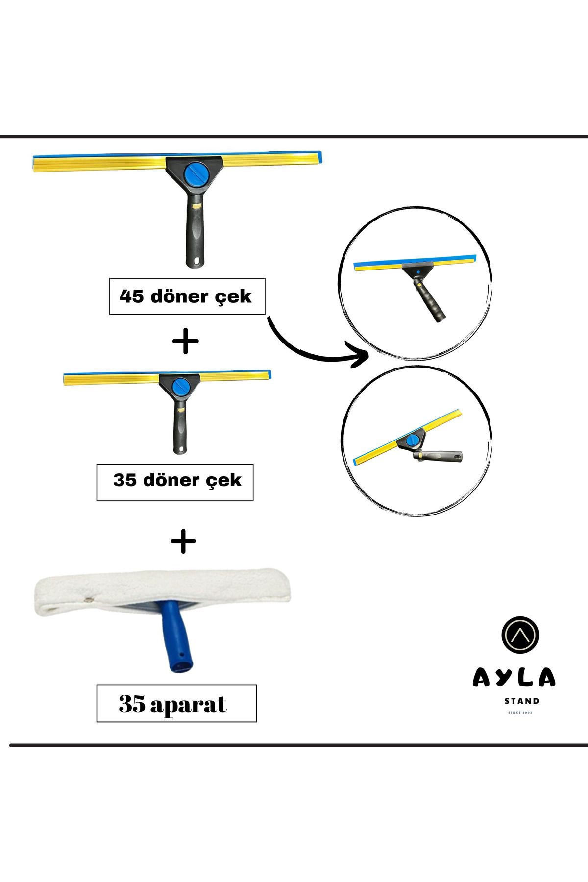 AYLA STAND Cam Temizleme Seti – Döner Başlıklı 45 cm + 35 cm Cam Çek + 35 cm Mop Ucu