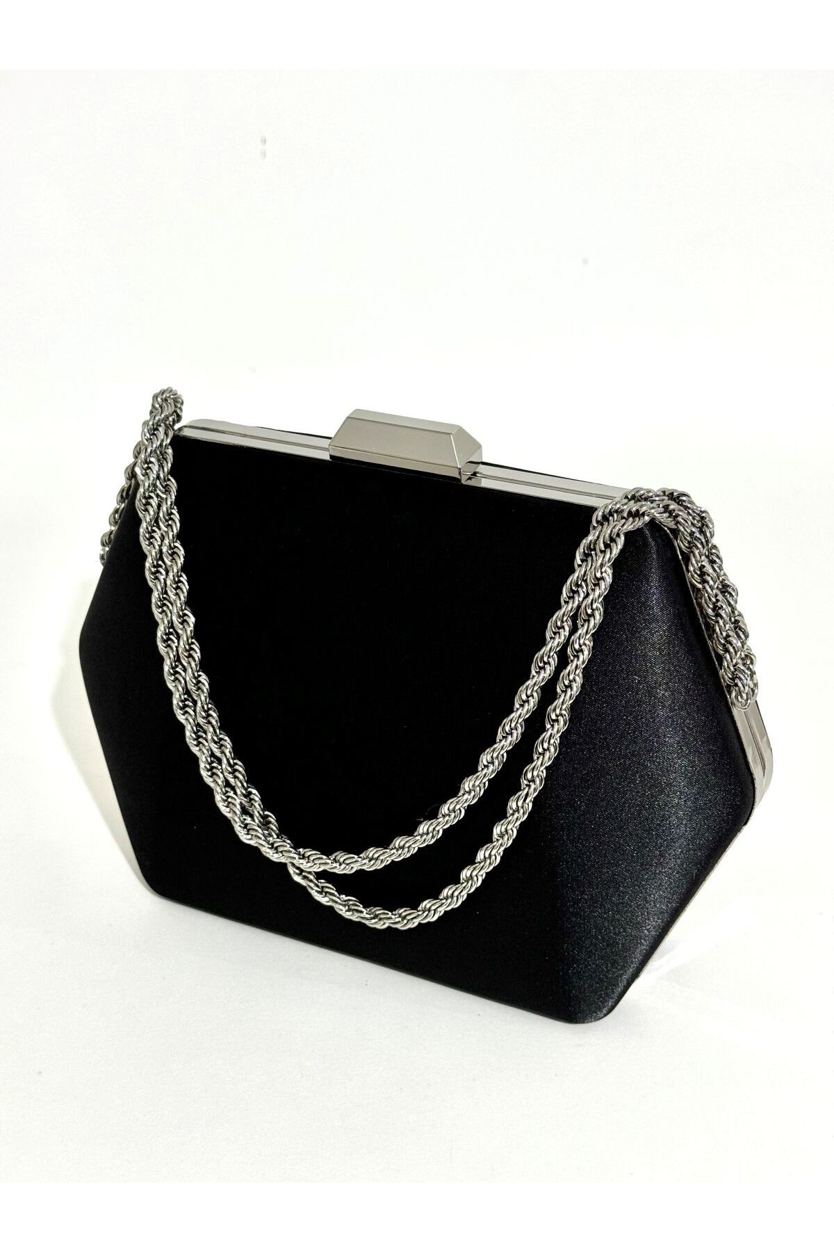 NAZART Kadın Saten Siyah Abiye Clutch Zincir Askılı El Düğün Nişan Gece Omuz Çantası