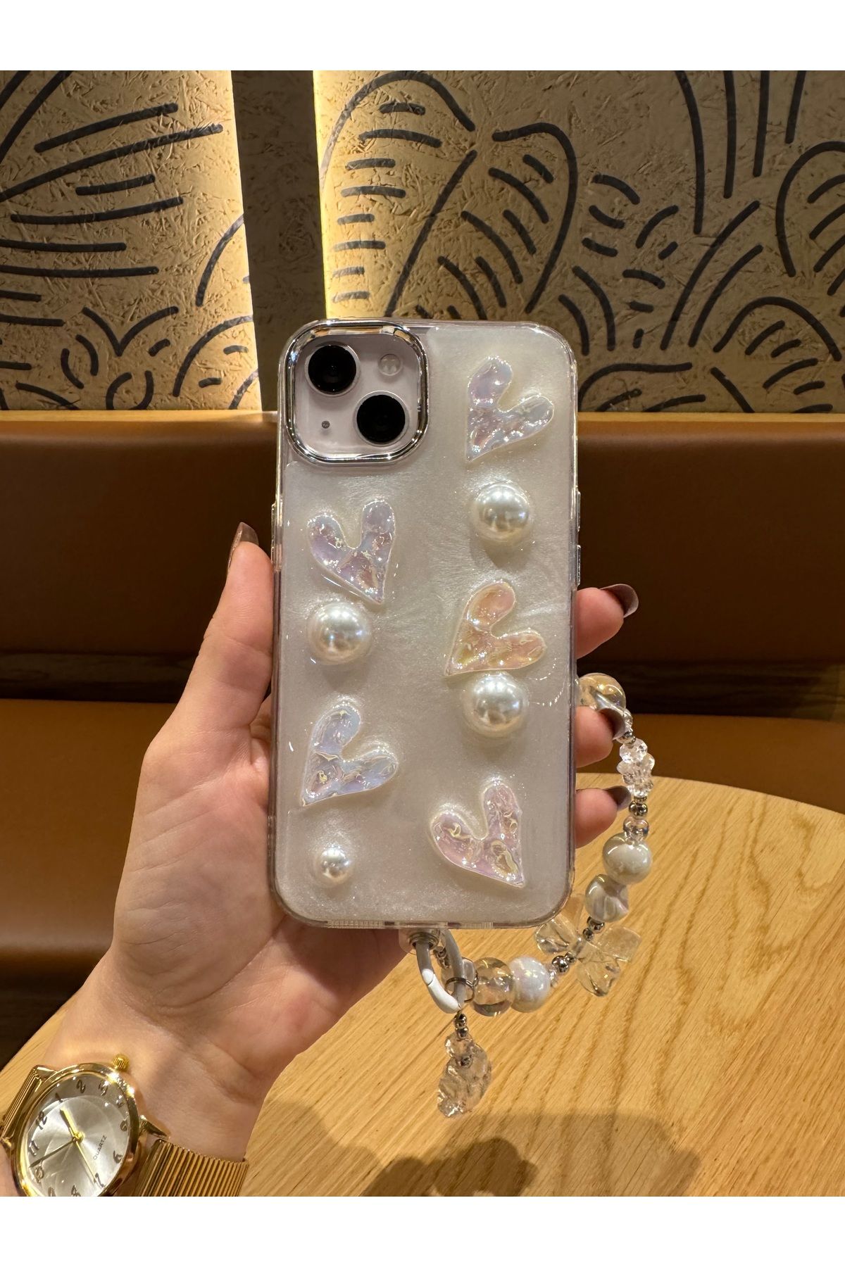 Mois Case iPhone 13-14 uyumlu lux ışıltılı İnci charmlı kalpli kılıf
