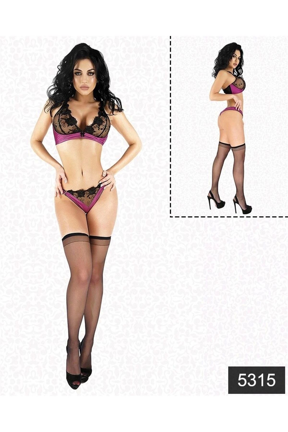 GiyimCity Saten Dantelli Fantazi Çorap Sütyen Tanga Set
