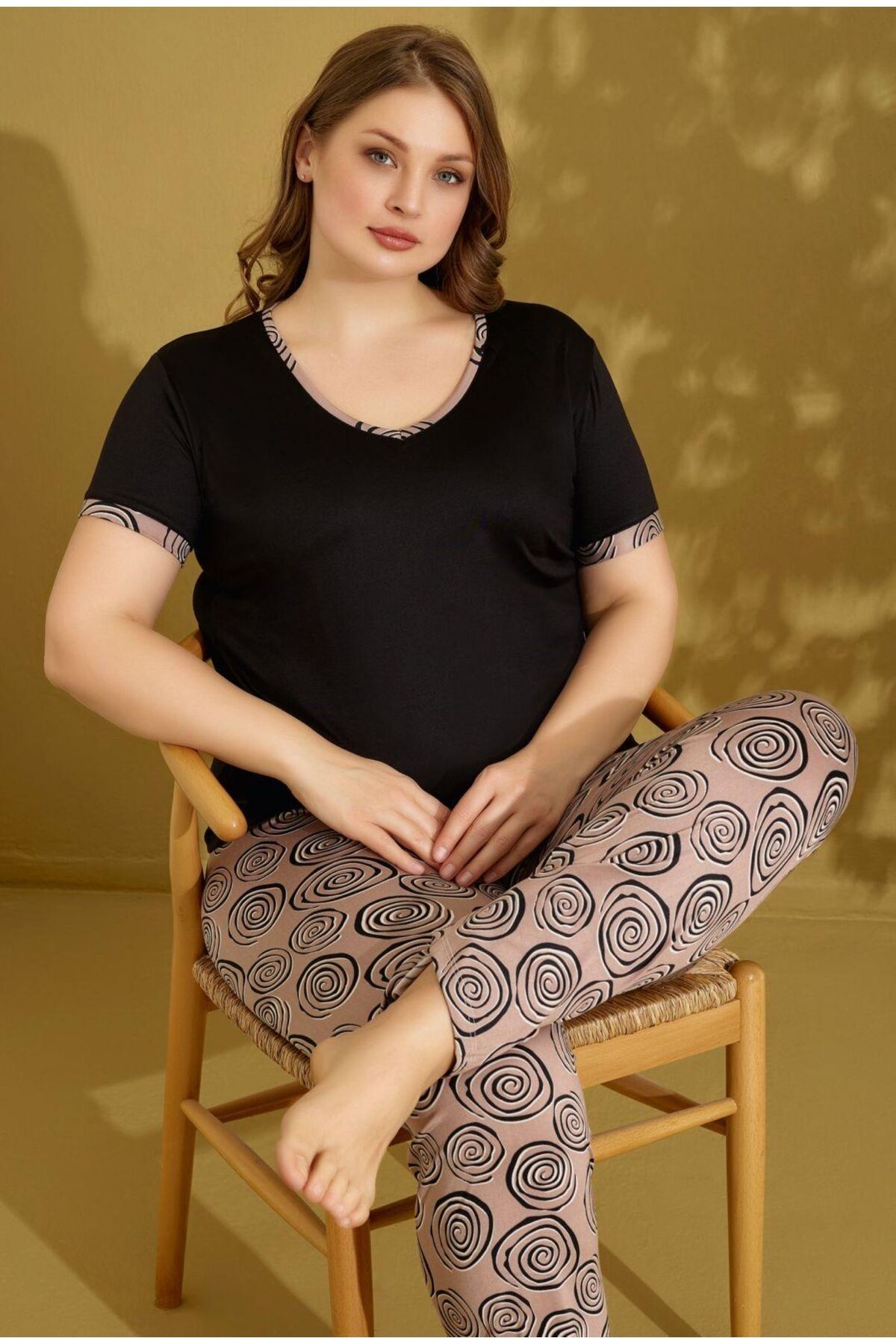 seamlife Kadın %100 Pamuklu Viskon Kumaş Siyah Kahve V Yaka Kısa Kollu Battal Pijama Takımı