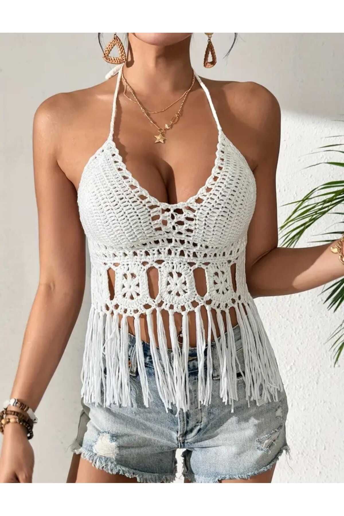 beynaaksesuar Bohem plaj giyim örgü bikini üst elbise