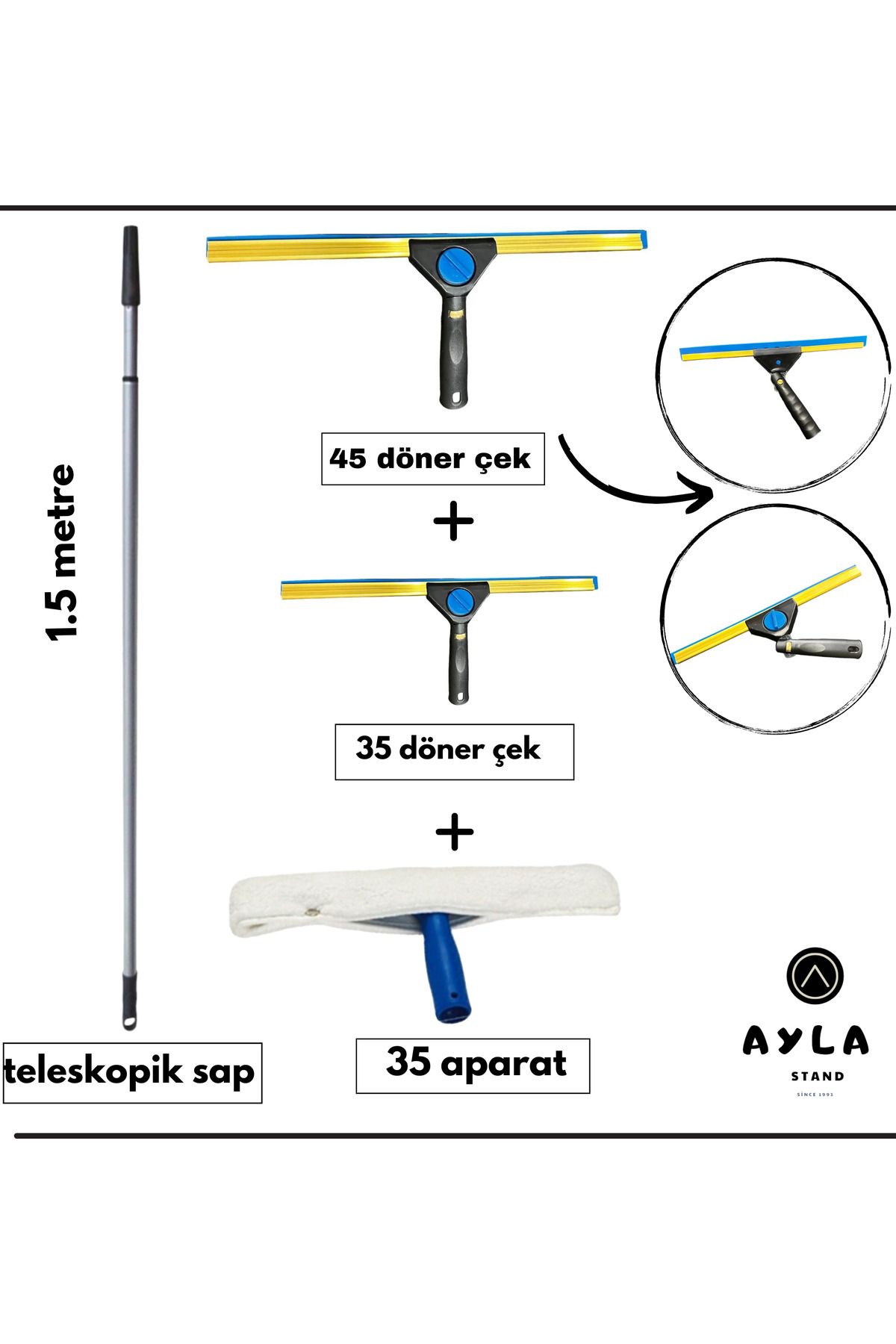 AYLA STAND 1.5 Metre Teleskopik Cam Silme Seti – Döner Başlıklı 45+35 cm Cam Çek + 35 cm Mop Ucu