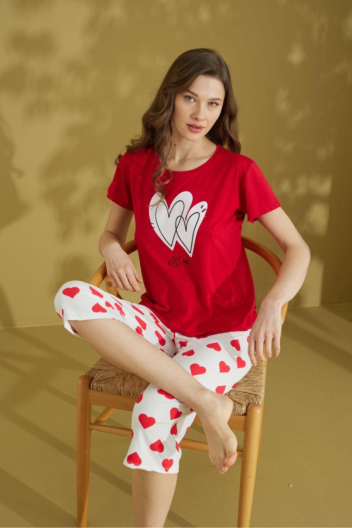 seamlife Kadın %100 Pamuklu Kırmızı Kalp Desenli Kısa Kollu Kaprili Pijama Takımı