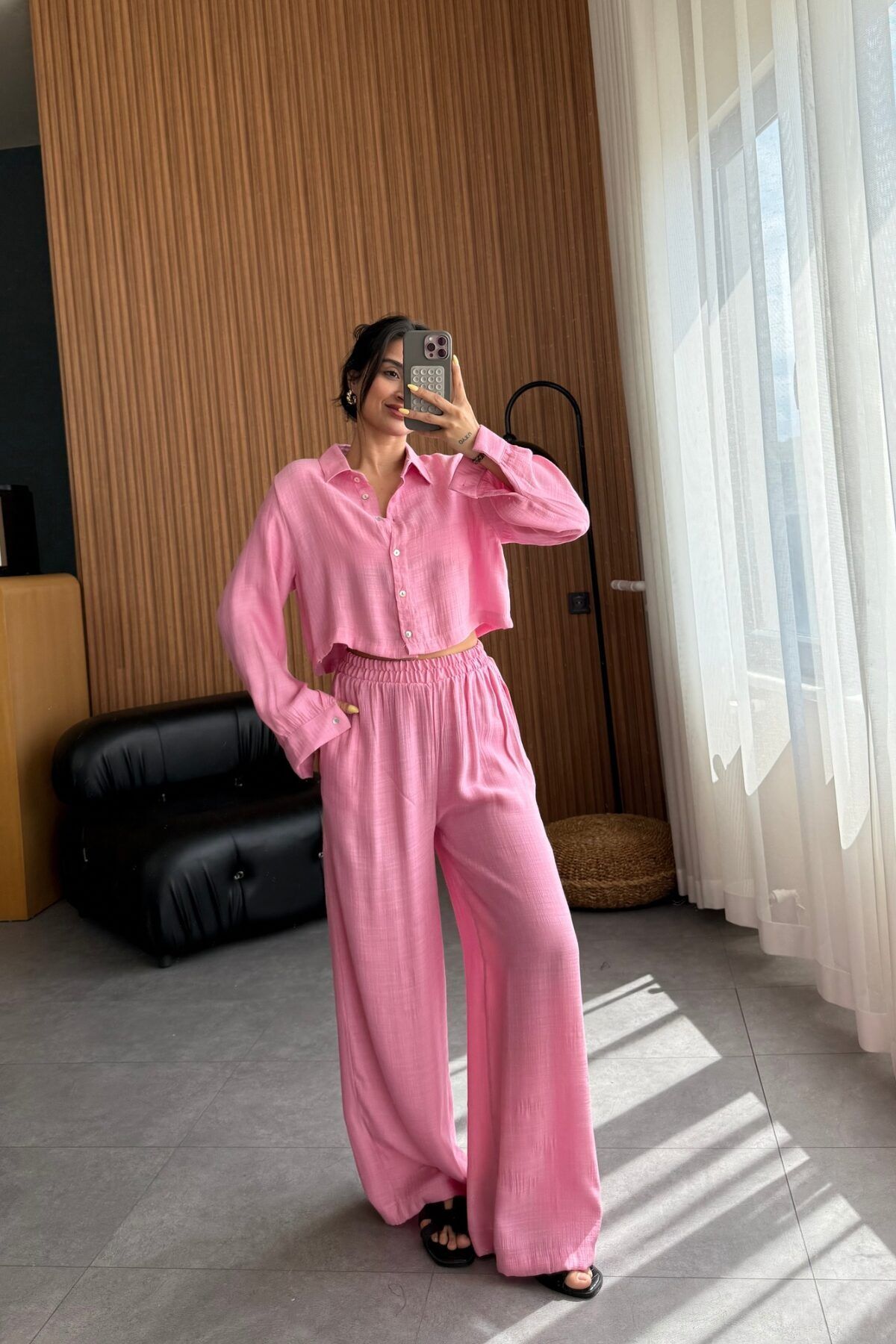 Lady Pixie Gofre Kumaş Gömlek Pantolon Takım