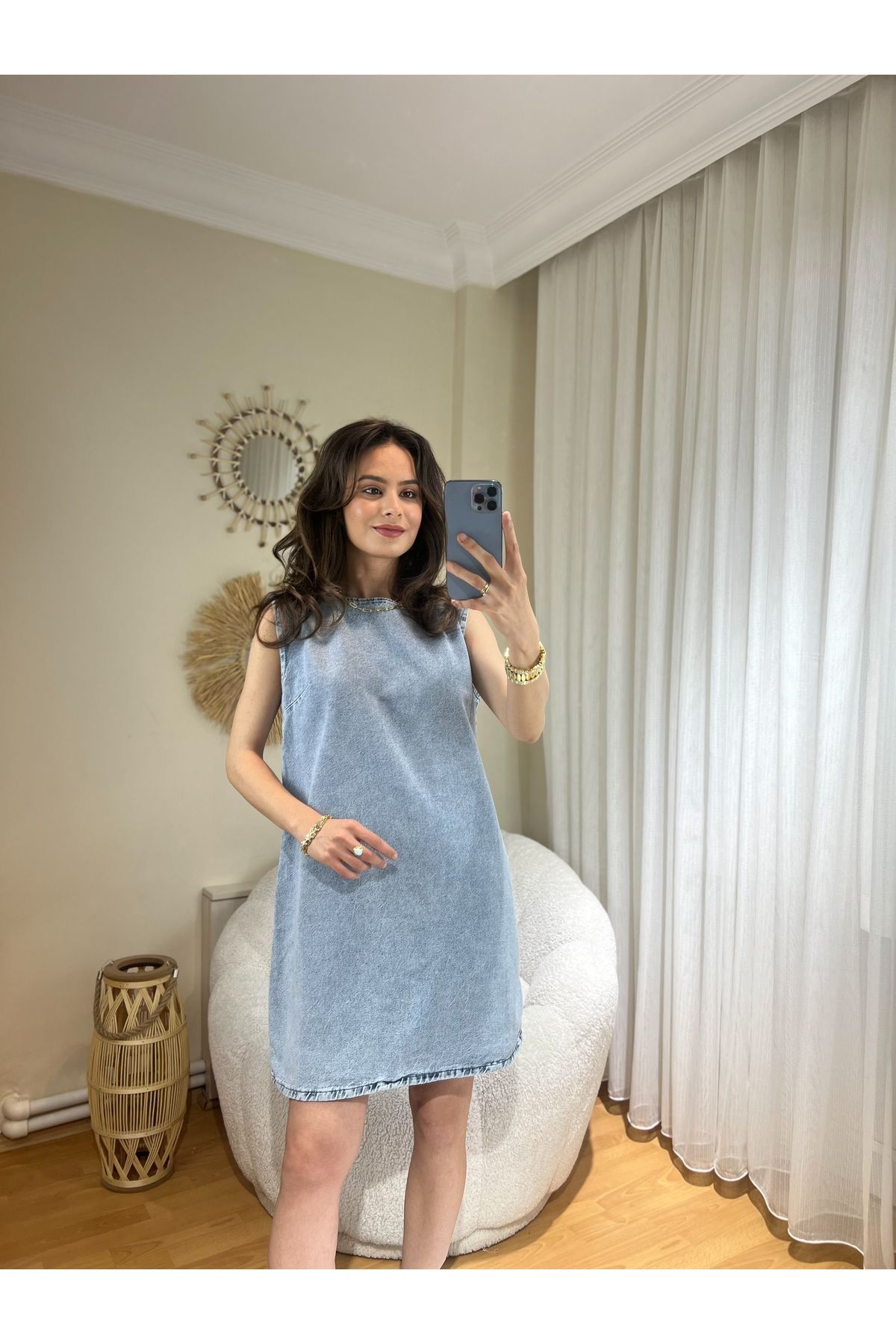 By Hanife Beyazateş KADIN BUZ MAVİ DENİM ELBİSE