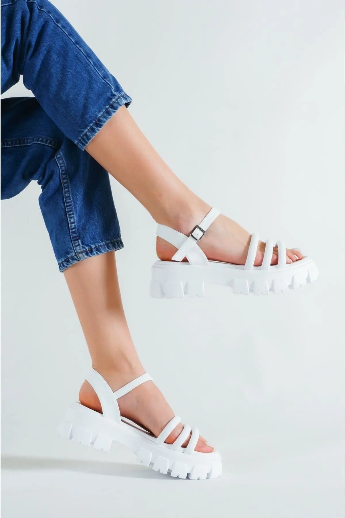asmi shoes Rose Beyaz Yüksek Taban Puf Şeritli Ortopedik Taban Sandelet