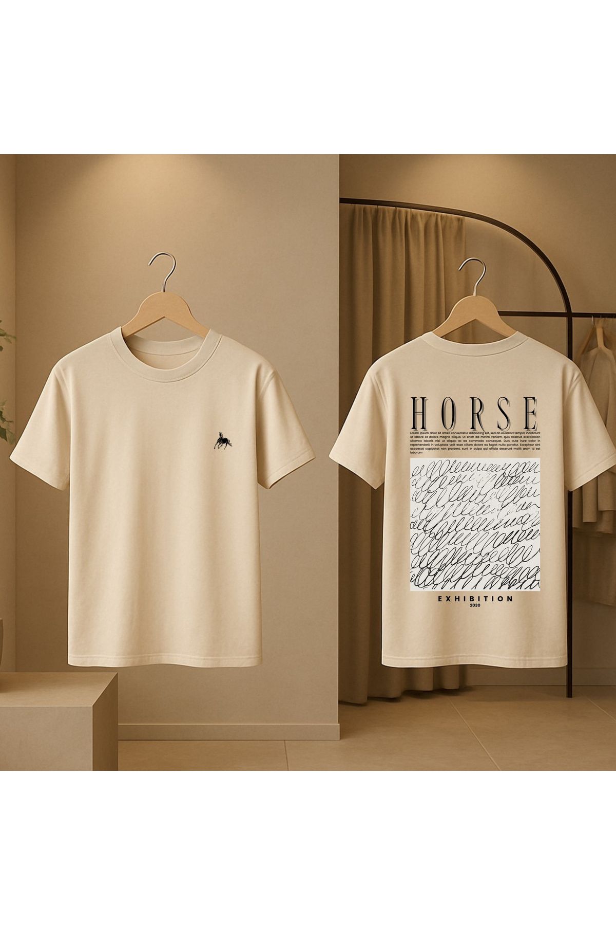 Horse LİKRALI %100 PAMUK KADIN-ERKEK BİSİKLET YAKA OVERSİZE BASKILI T-SHİRT