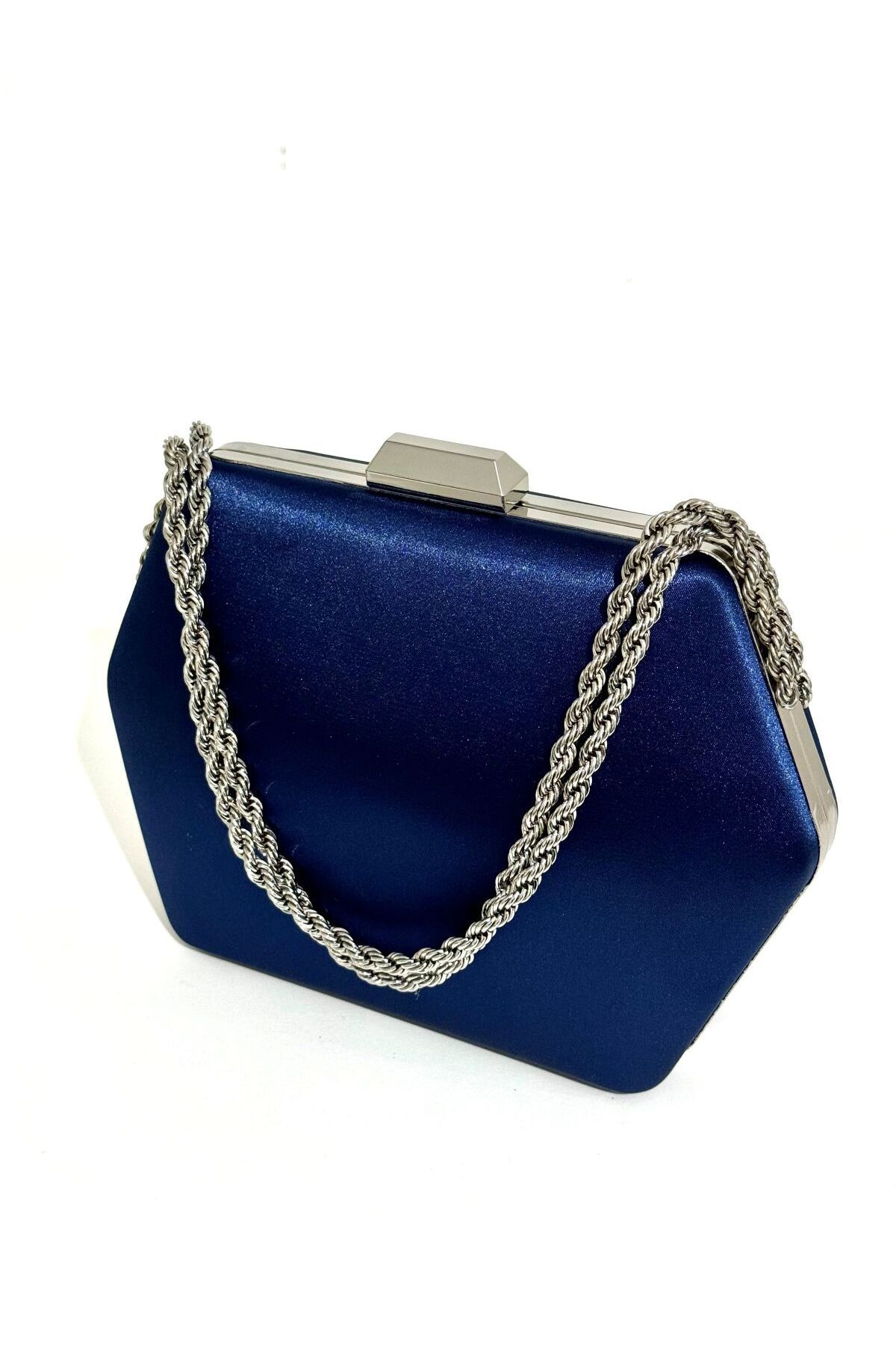NAZART Kadın Saten Lacivert Abiye Clutch Zincir Askılı El Düğün Nişan Gece Omuz Çantası