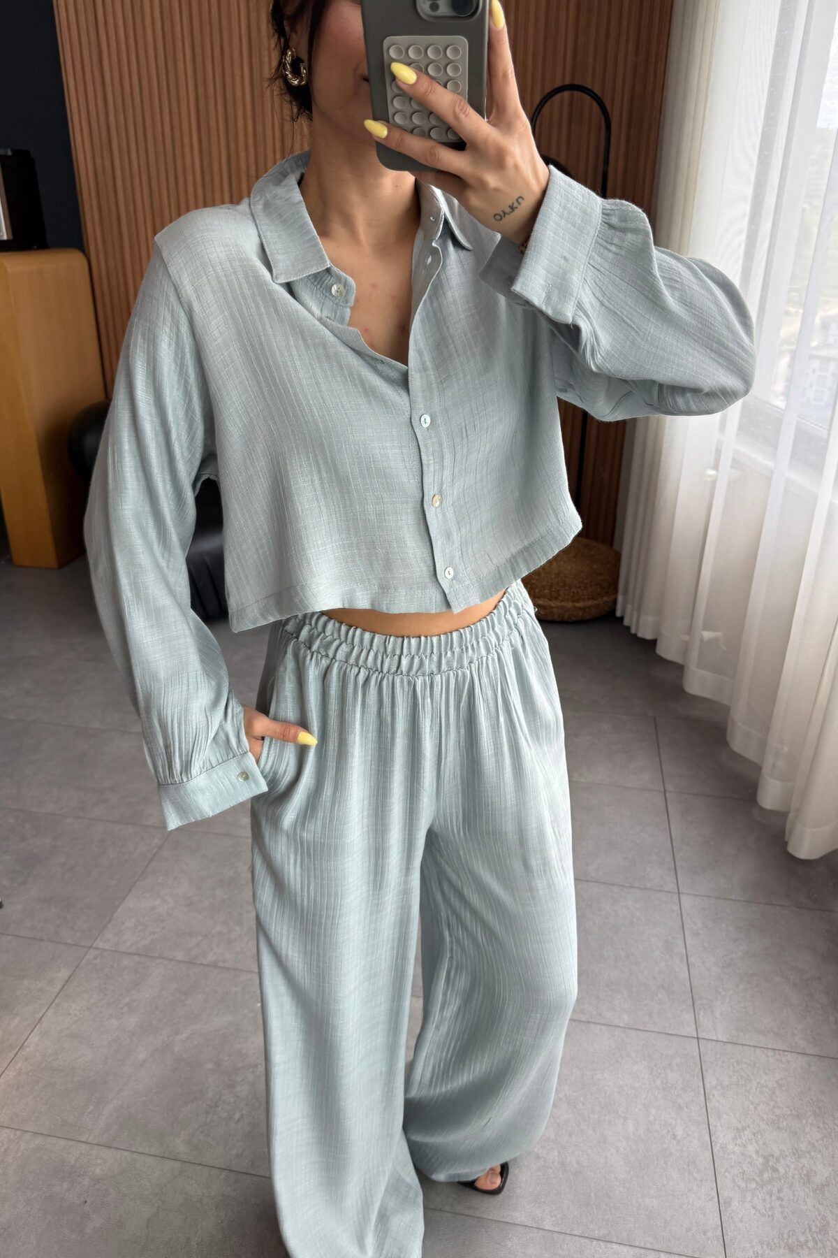 Lady Pixie Gofre Kumaş Gömlek Pantolon Takım